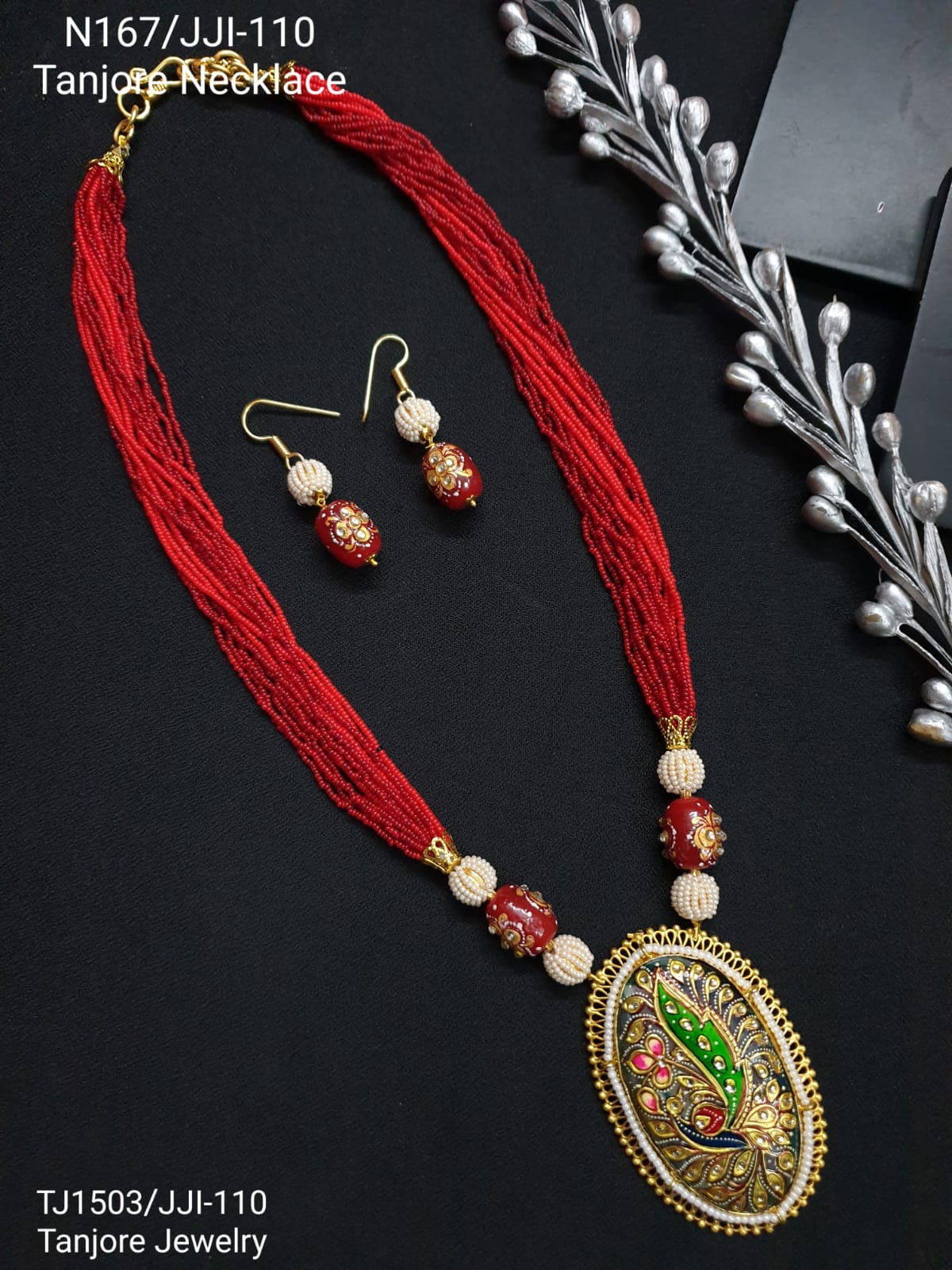 Red Seed Beaded Tanjore Work Pendant Set With Earrings
