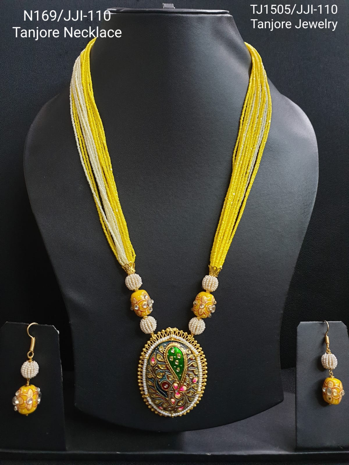 Yellow Seed Beaded Tanjore Work Pendant Set With Earrings
