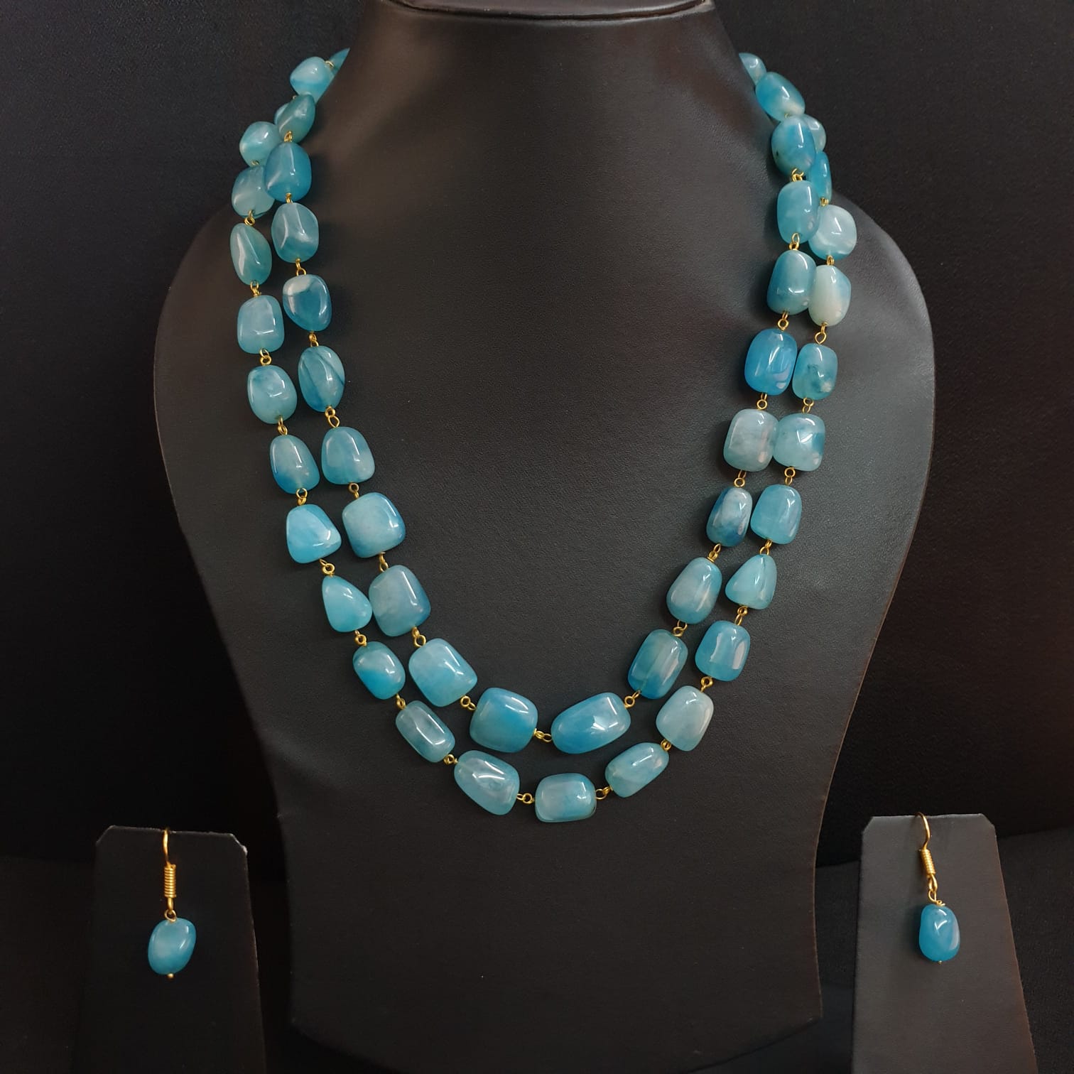 Blue Stone Beaded Necklace With Earrings