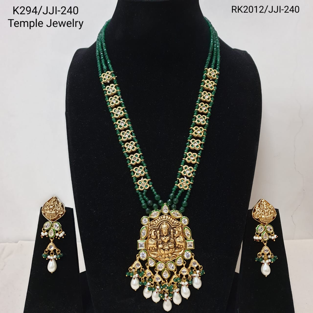 Green Beaded Temple Jewellery Set With Earrings