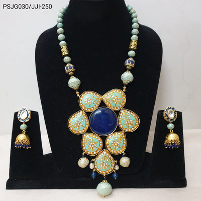 Turquoise Meenakari Fusion Pendant Set With Earrings