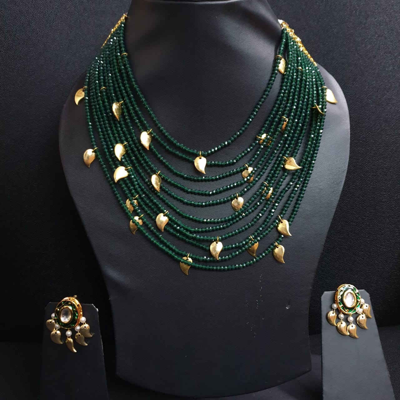 Green Beaded Golden Petals Necklace With Earrings