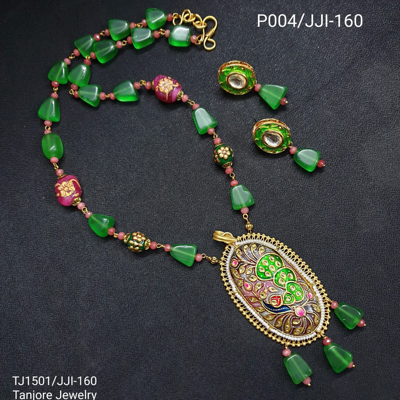 Green Beaded Tanjore Work Pendant Set With Earrings