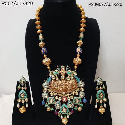 Designer Temple Pendant Set With Geru Beads and Earrings