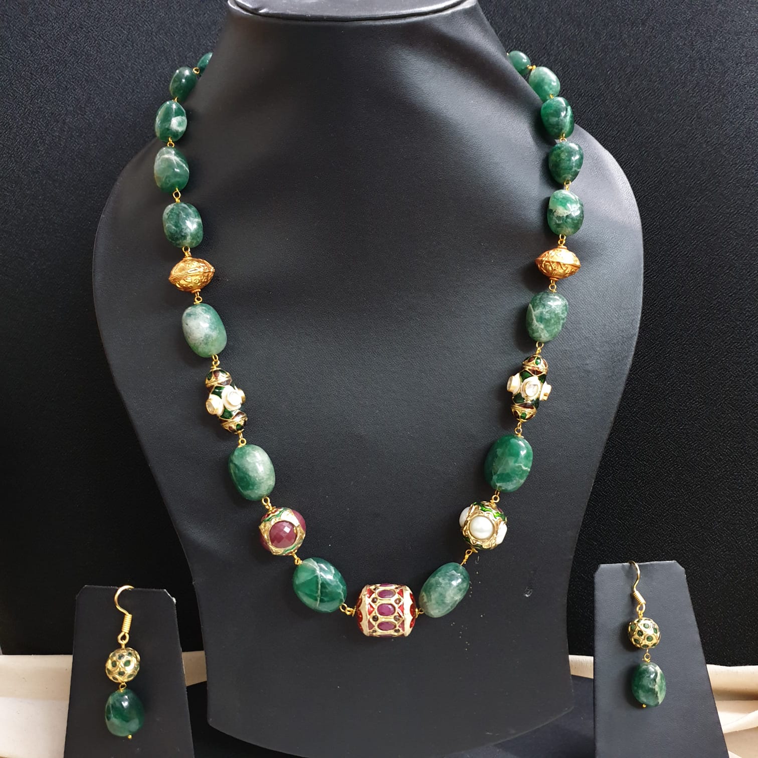 Emerald Stone Jadau Bead Necklace With Earrings