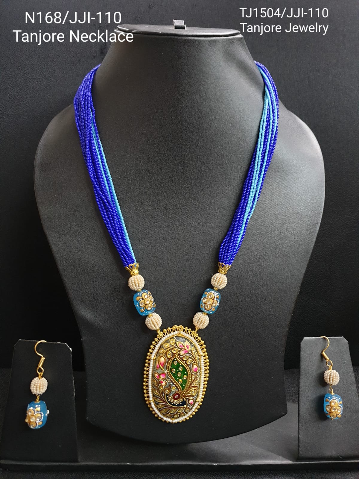 Blue Seed Beaded Tanjore Work Pendant Set With Earrings