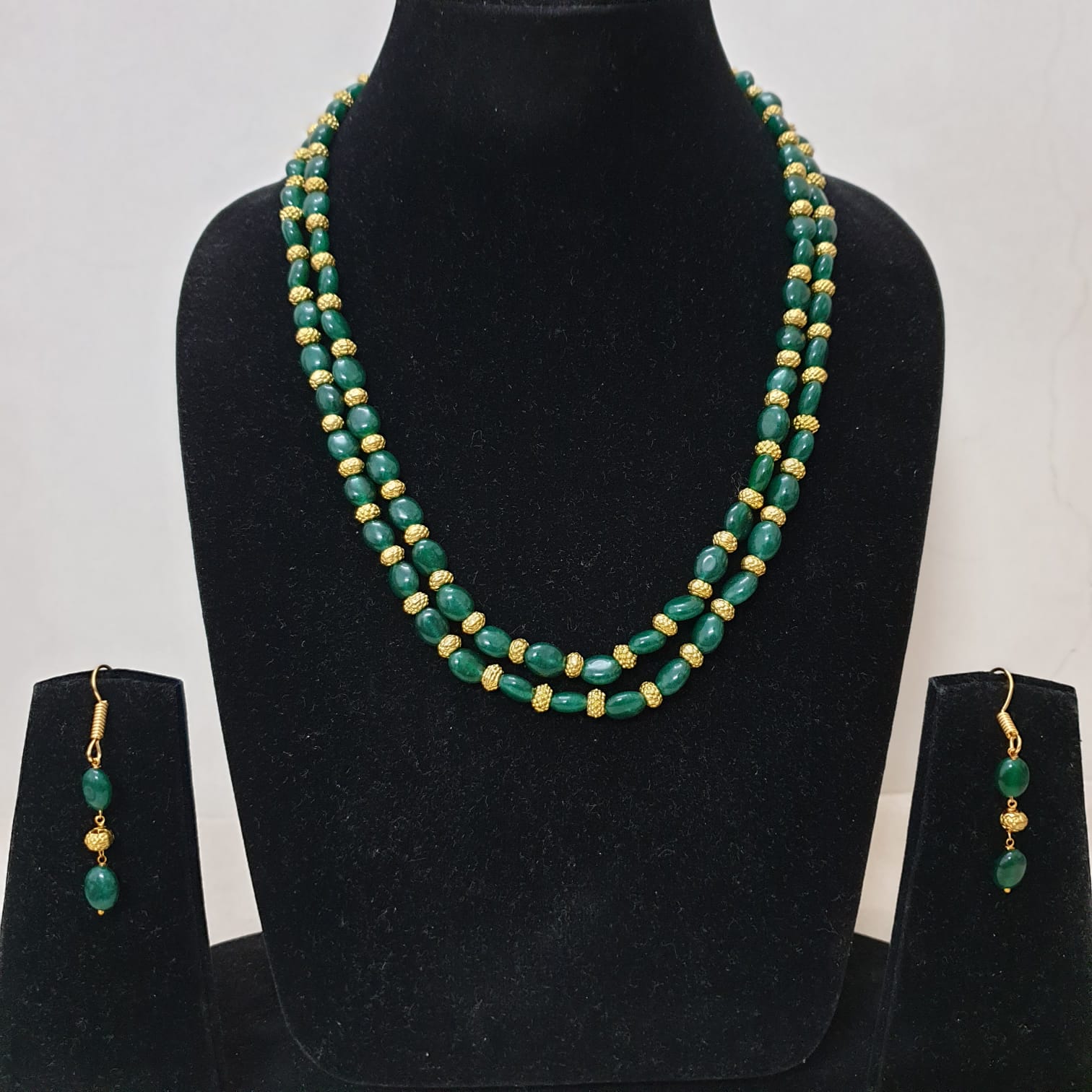 Two Layers Green Beads Stone Necklace and Earrings