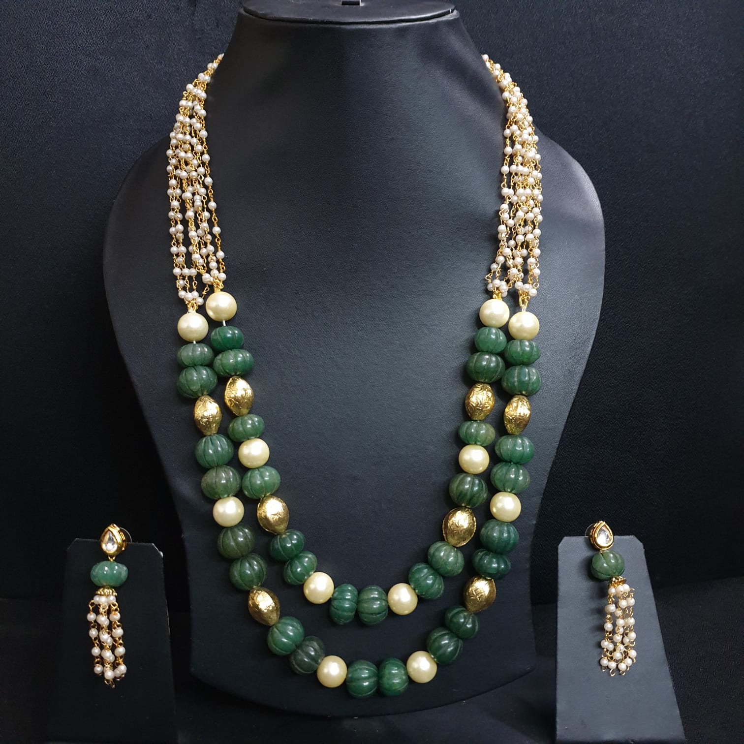 Green Pumpkin Pearl Beaded Necklace With Earrings