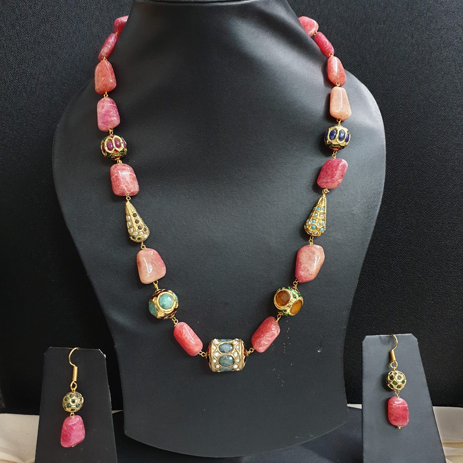 Ruby Stone Jadau Bead Necklace With Earrings