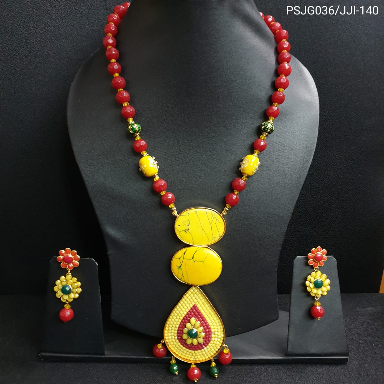 Yellow and Red Beaded Designer Pendant Set With Earrings