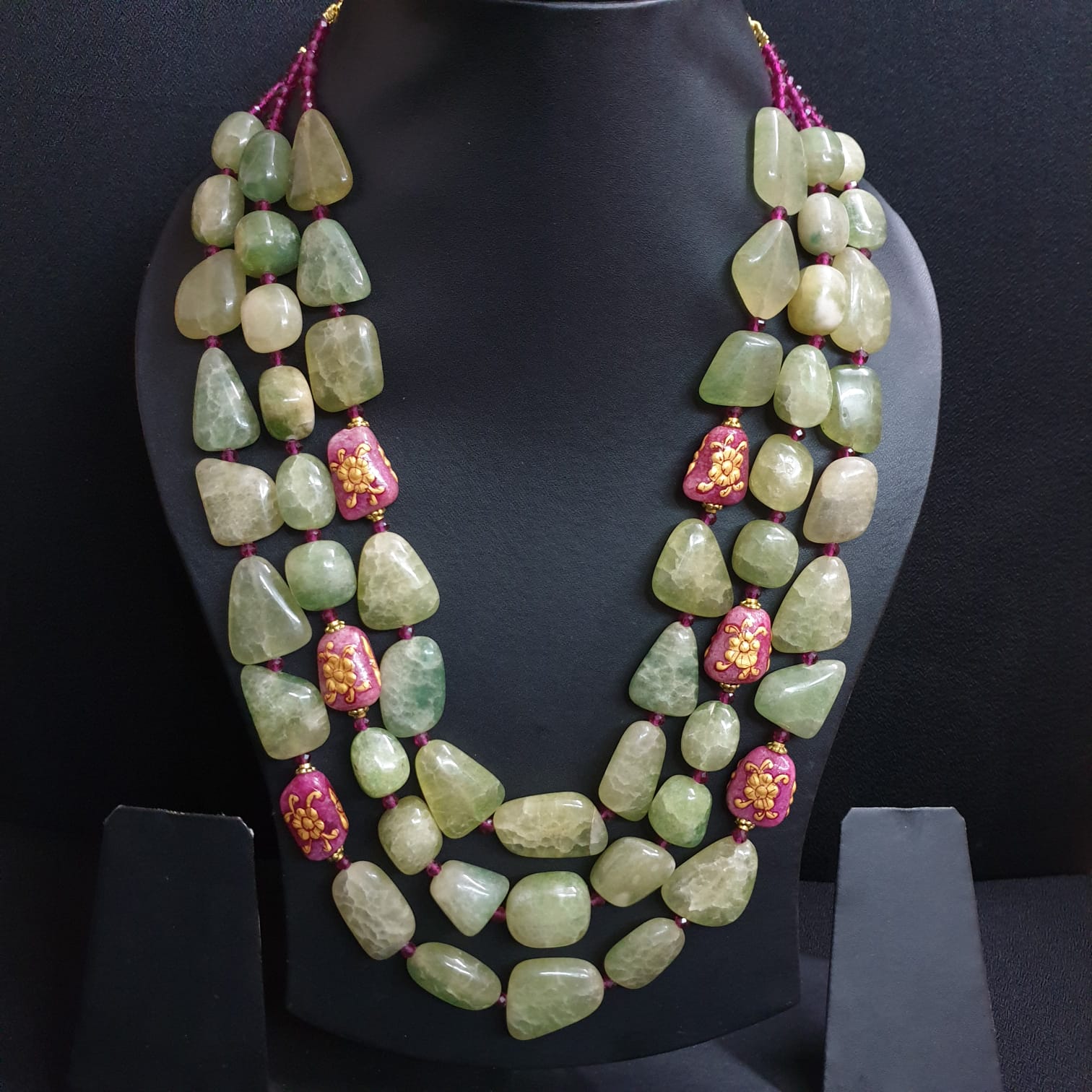 Green Stone Necklace With Handpainted Beads