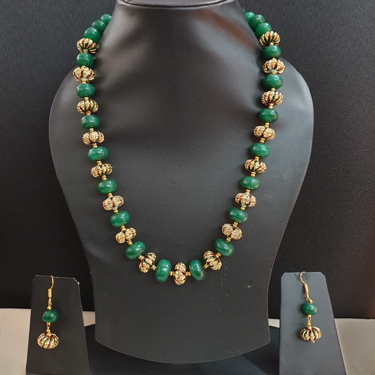 Green Onyx Meenakari Bead Necklace With Earrings