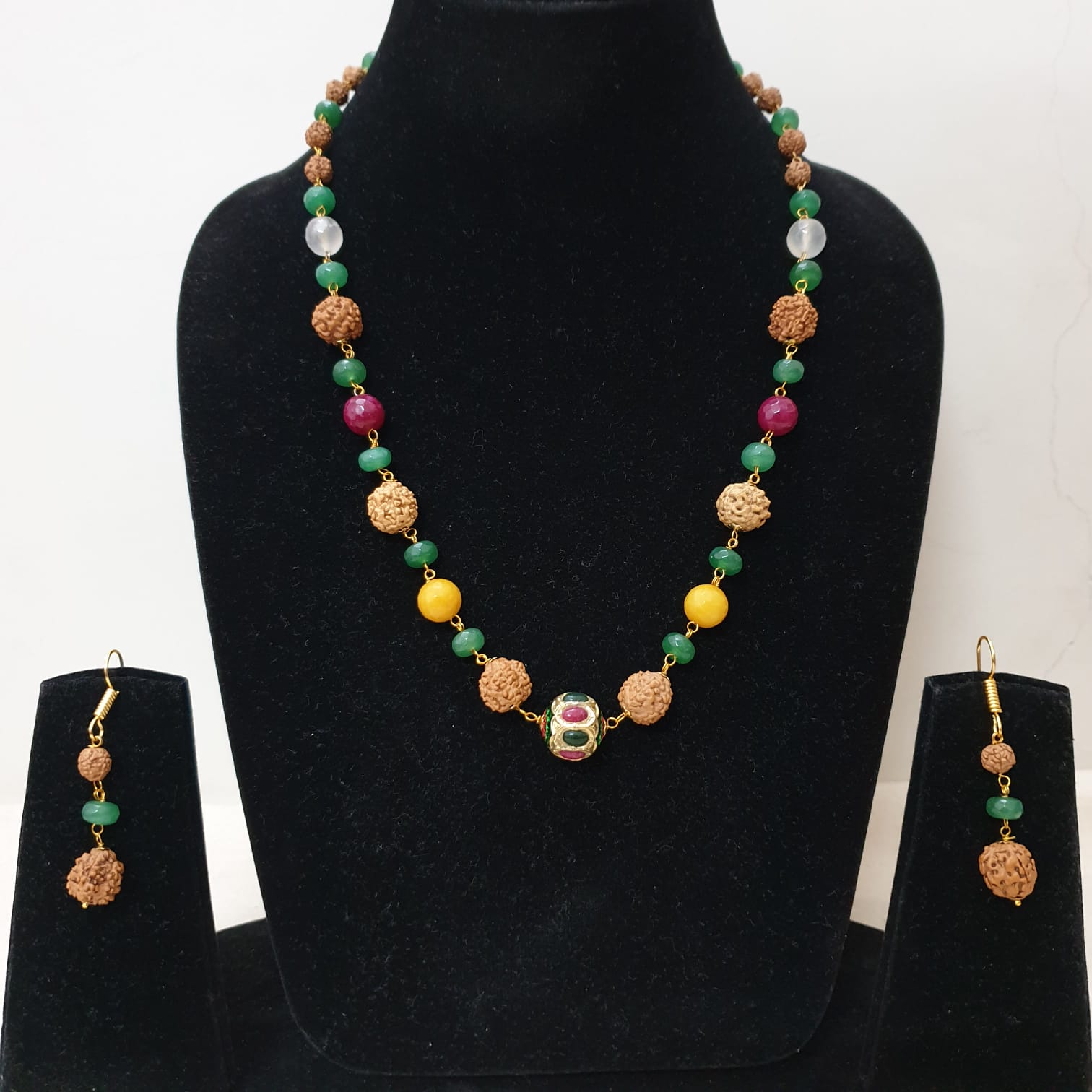 Rudraksha Jadau Stone Beaded Necklace With Earrings