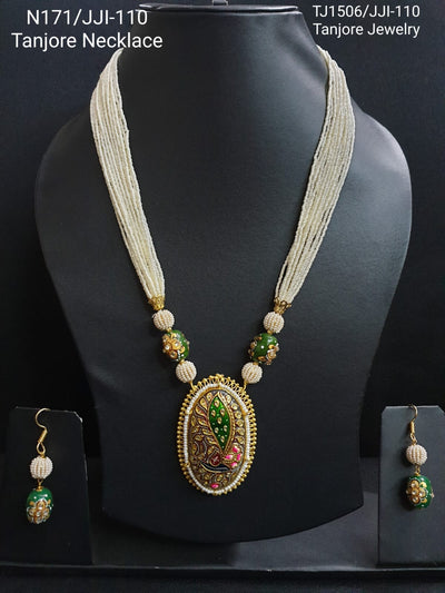 Off White Seed Beaded Tanjore Work Pendant Set With Earrings