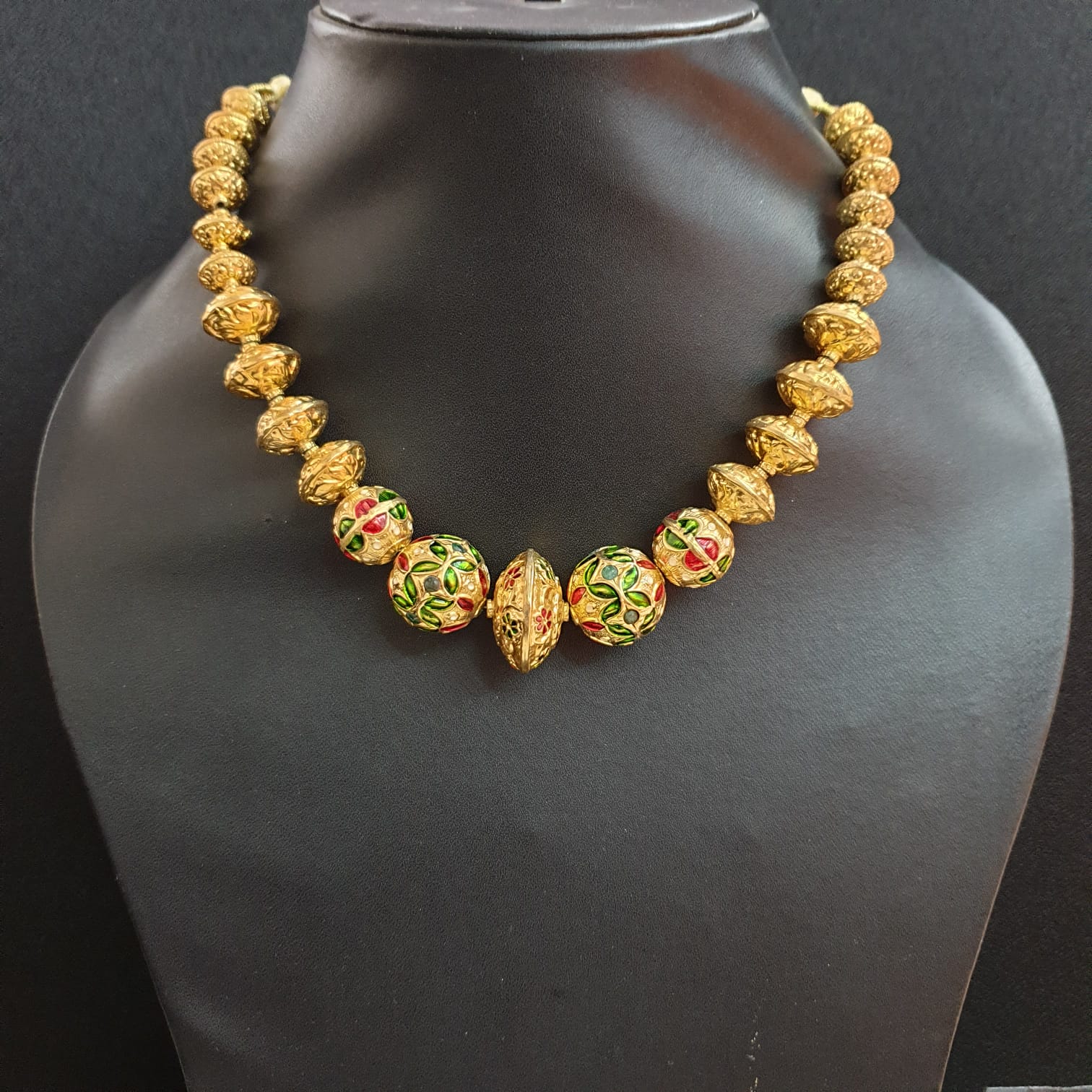 Gold Tone Handcarved Meenakari Bead Necklace