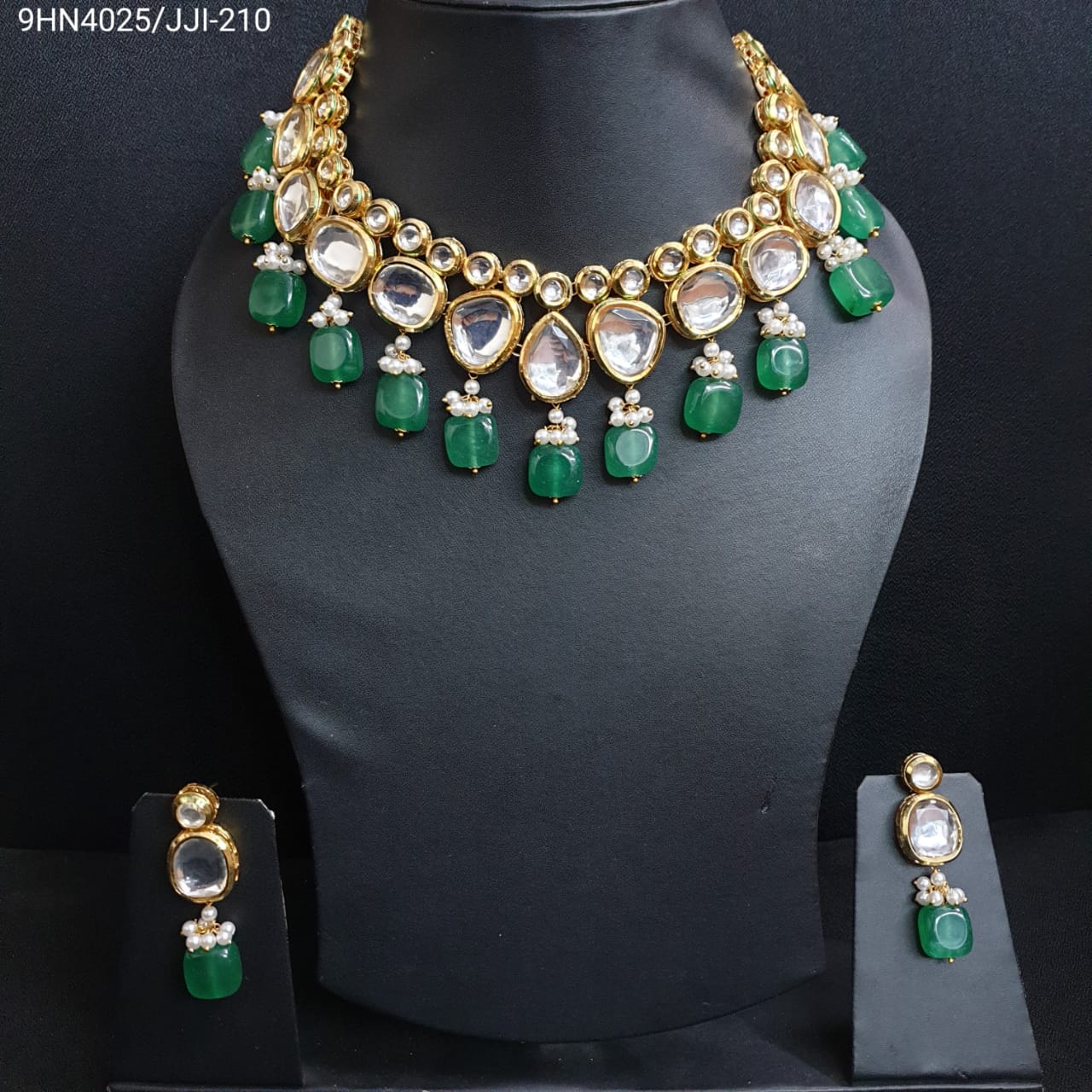 Kundan Necklace Set With Green Stone Beading