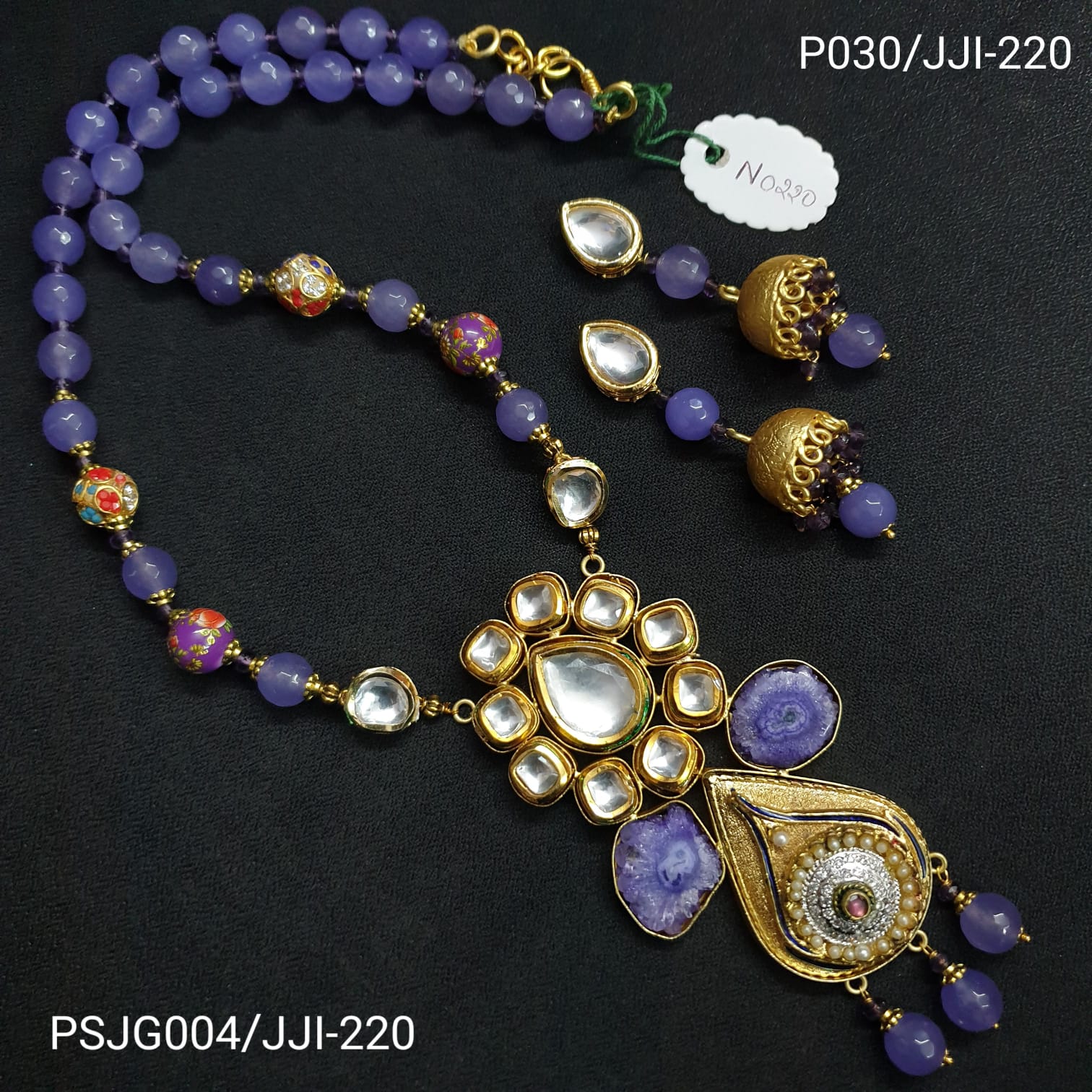 Purple Beaded Kundan Fusion Jewellery Set