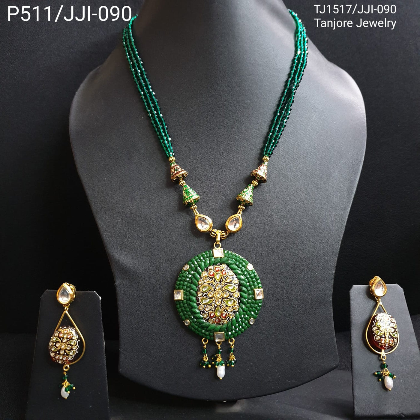 Green Tanjore And Takkar Work Pendant Set With Earrings