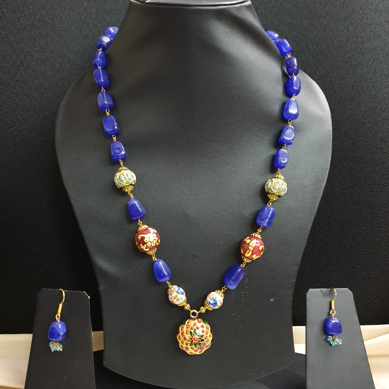 Jadau Beaded Blue Necklace Set