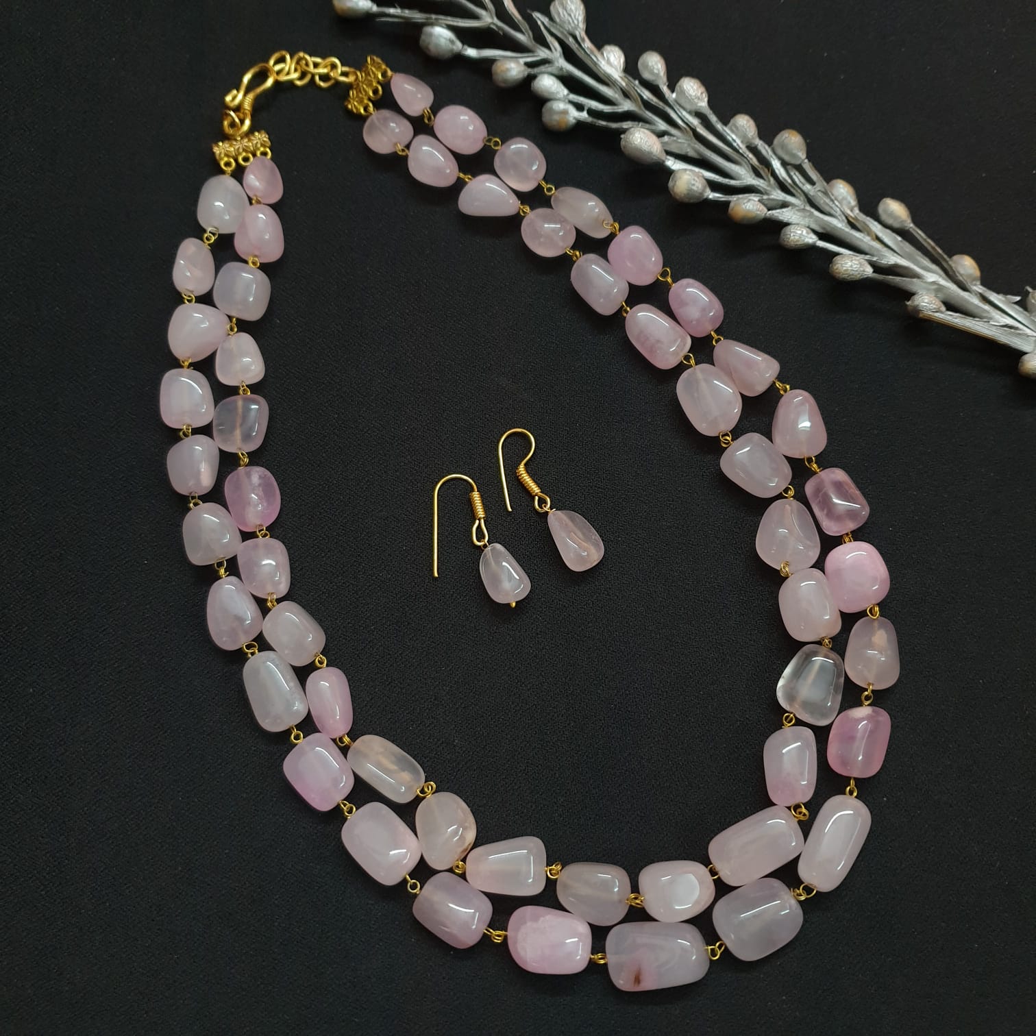 Rose Quartz Stone Beaded Necklace With Earrings