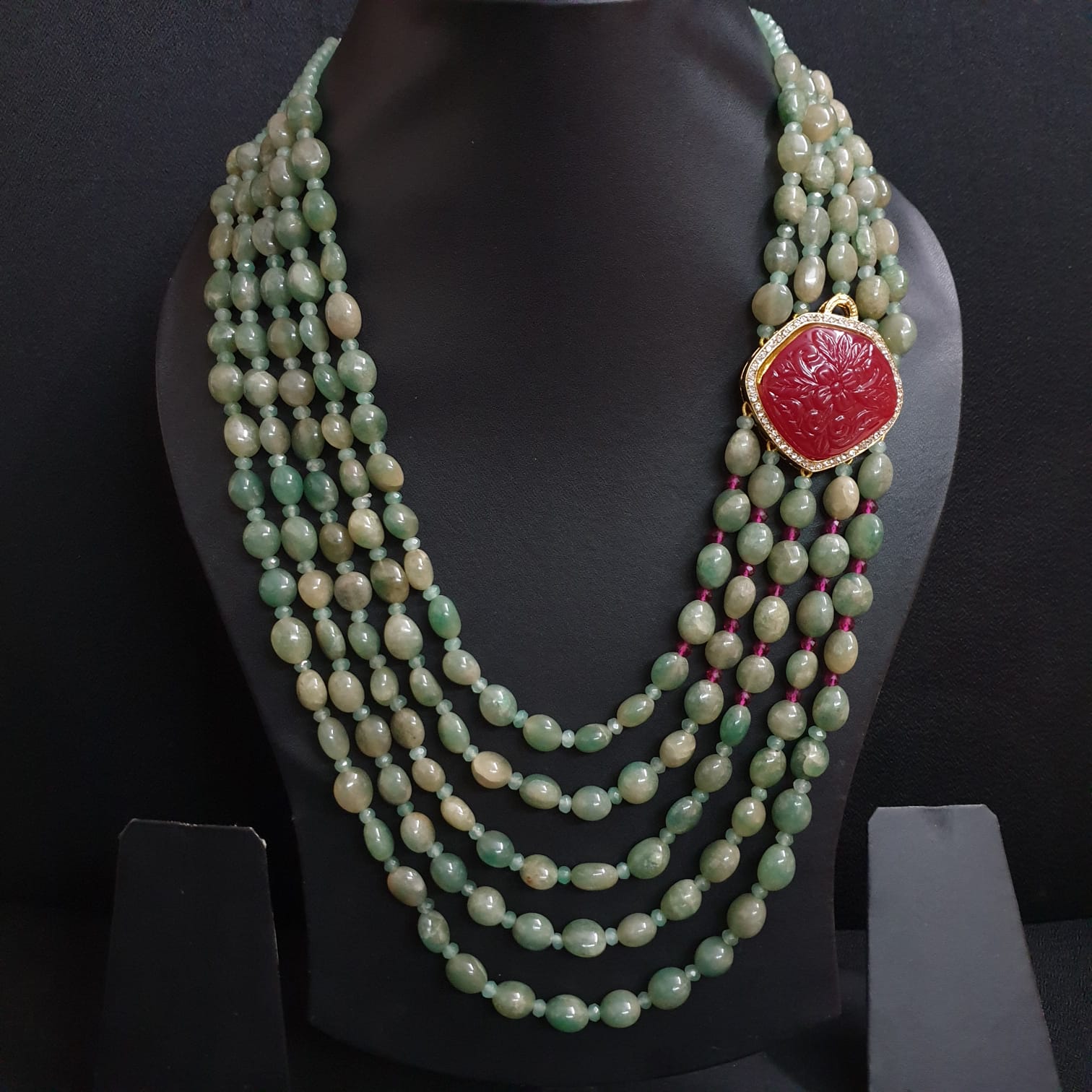 Green Beaded Red Carving Stone Necklace