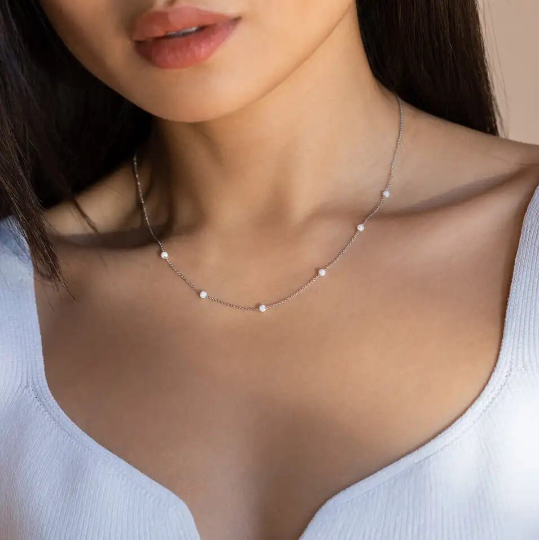 Silver Tone Delicate Pearl Chain Necklace