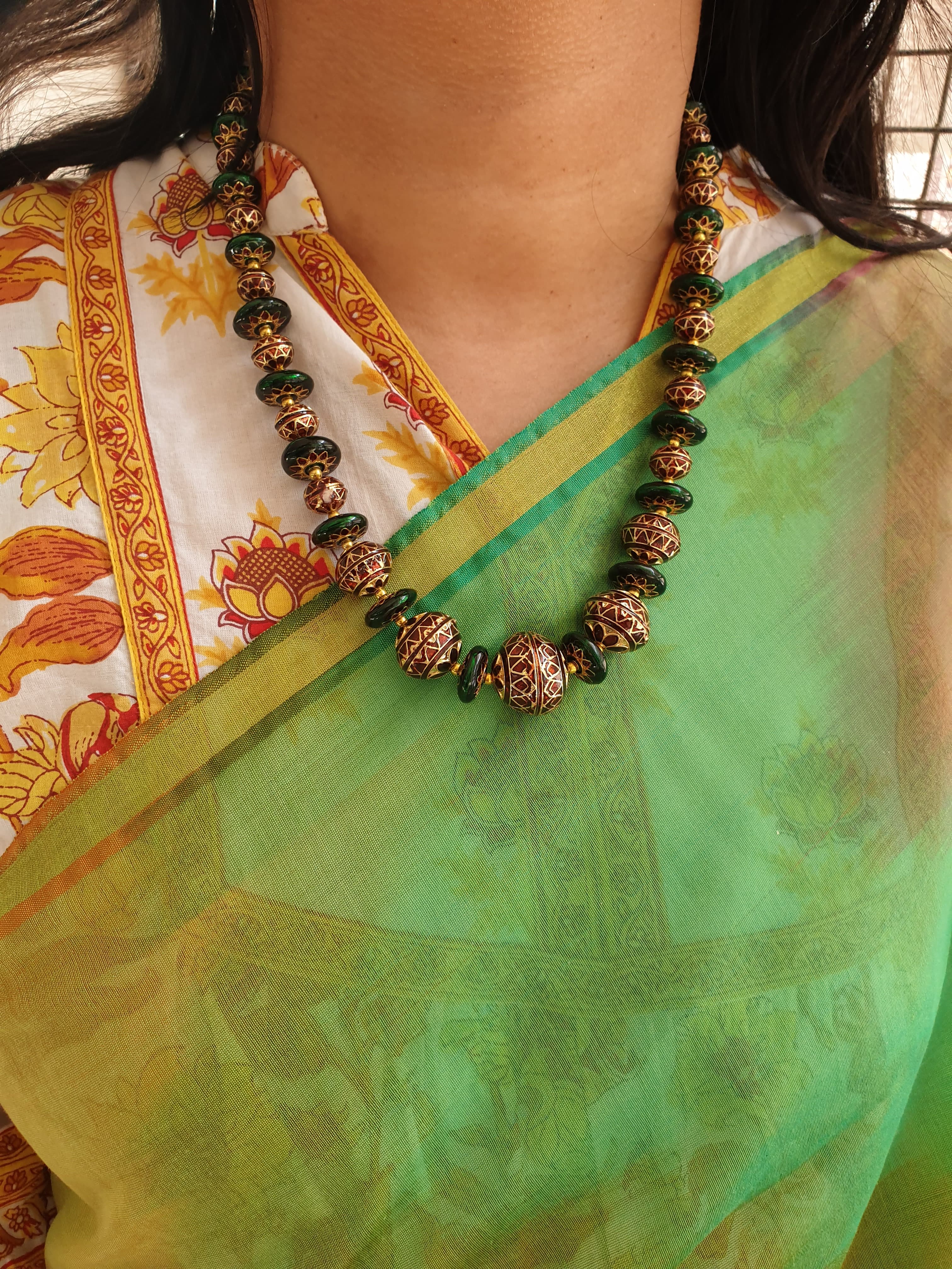 Maroon Green Meenakari Bead Necklace