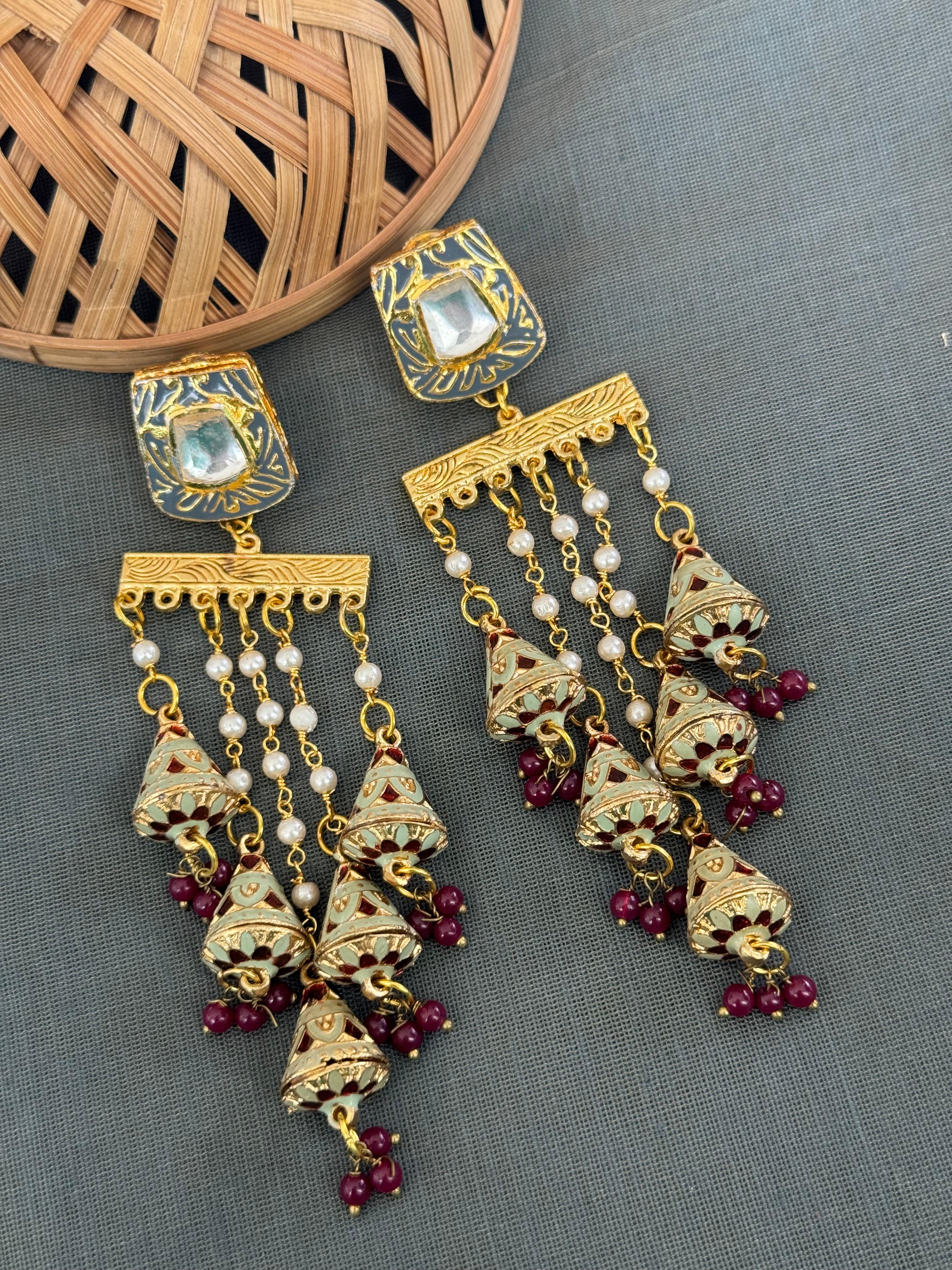 Grey Meenakari Long Pearl Earrings