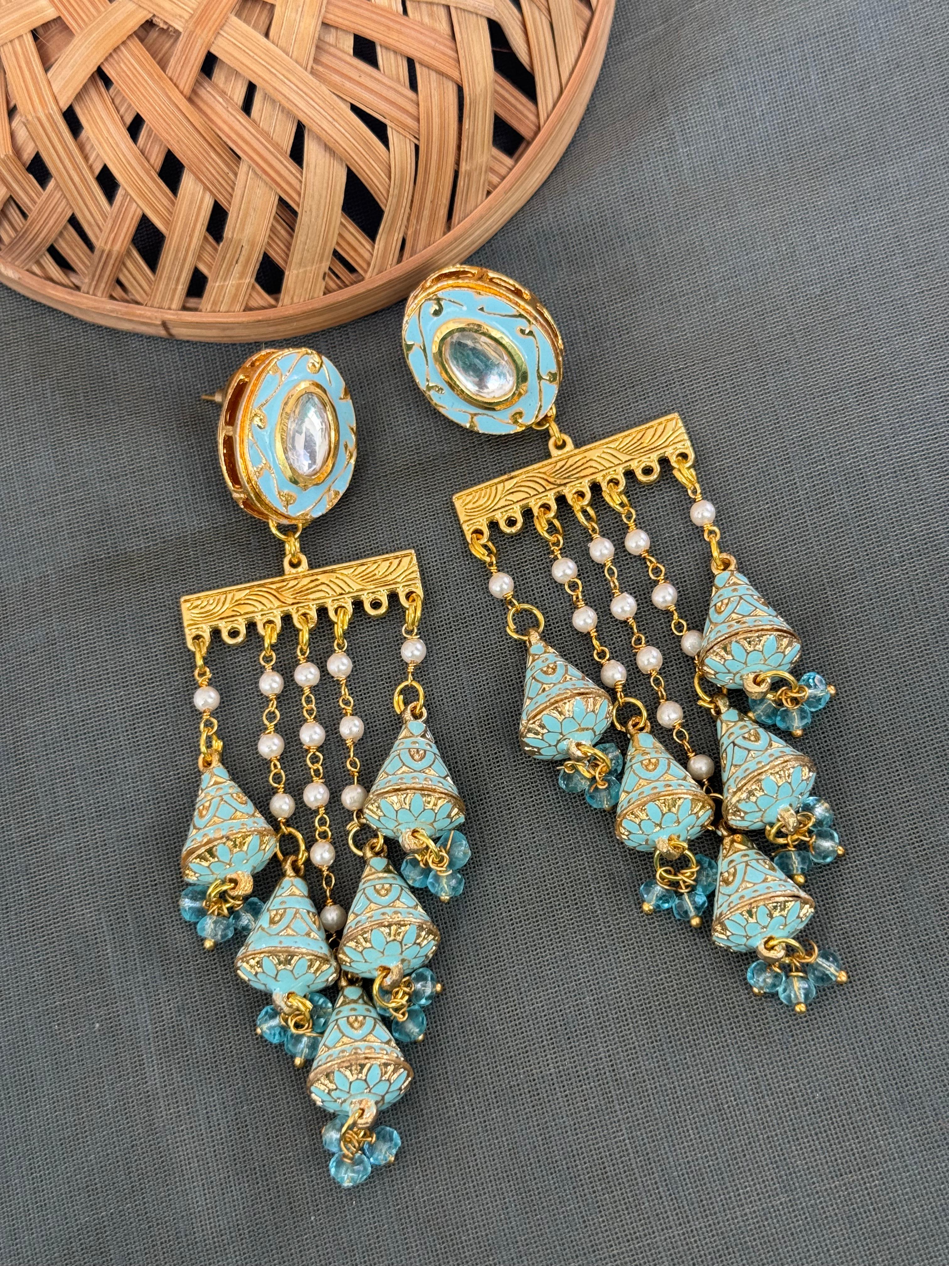 Turquoise Meenakari Long Pearl Earrings