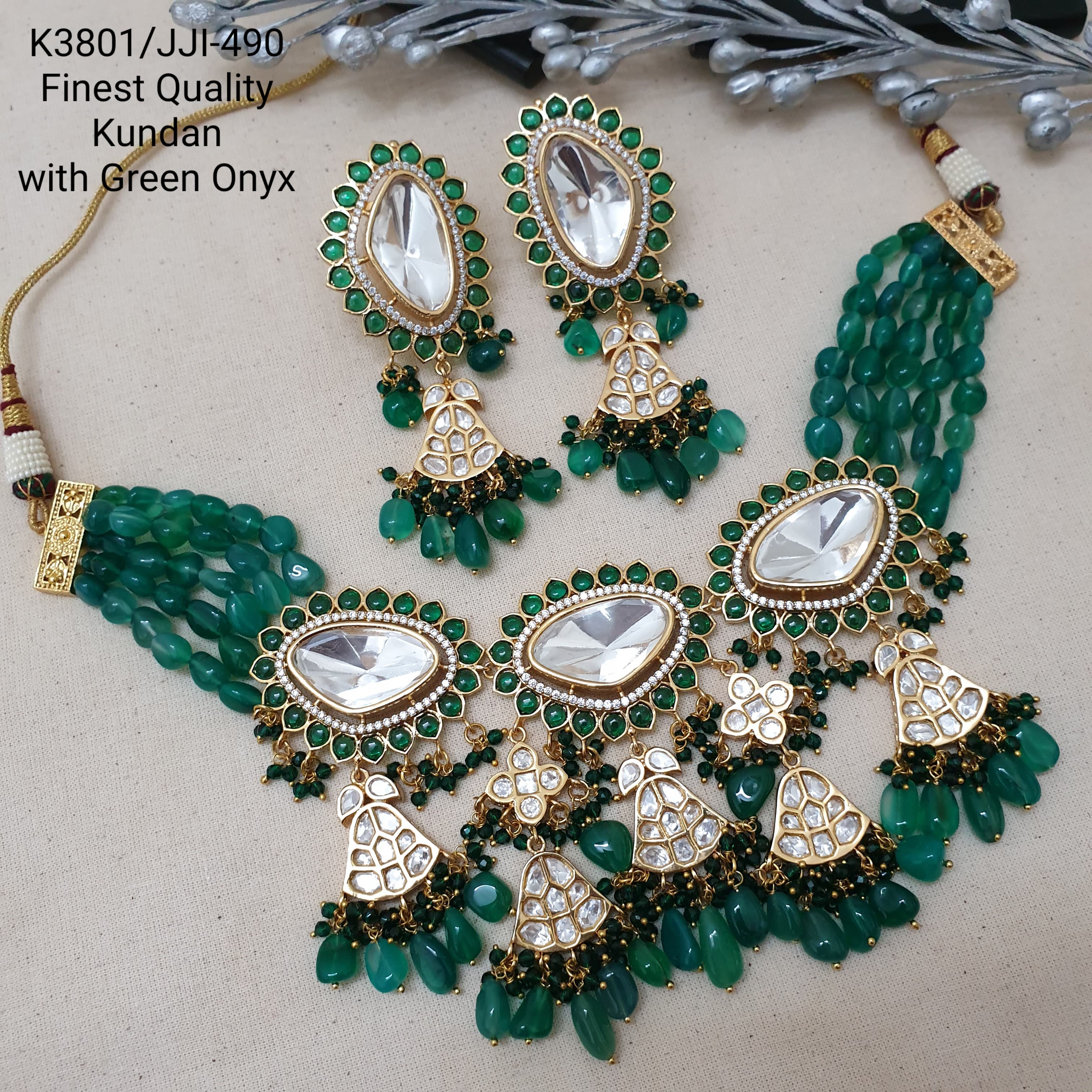 Kundan Polki Green Stone Beaded Necklace With Earrings