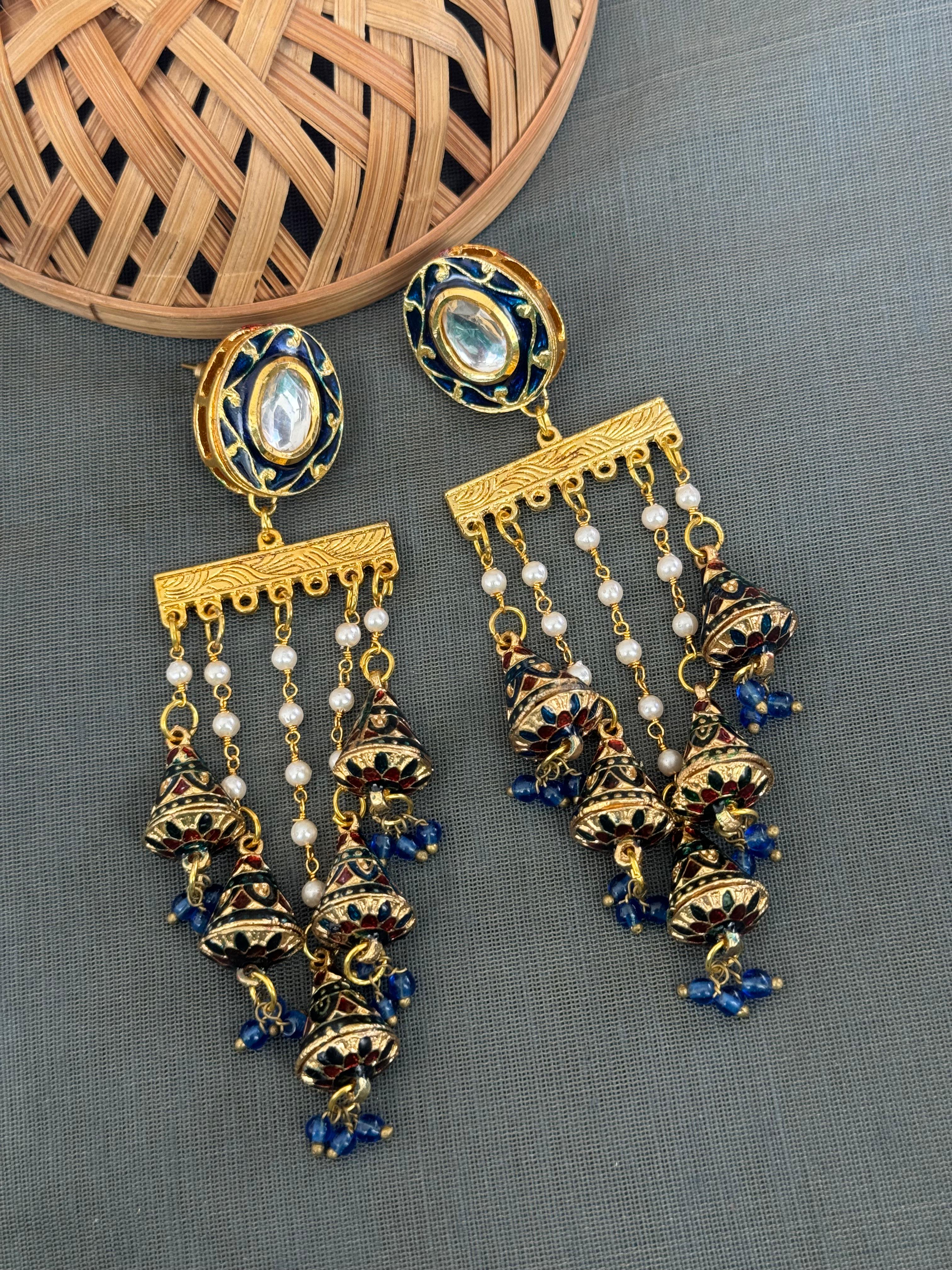 Dark Blue Meenakari Long Pearl Earrings