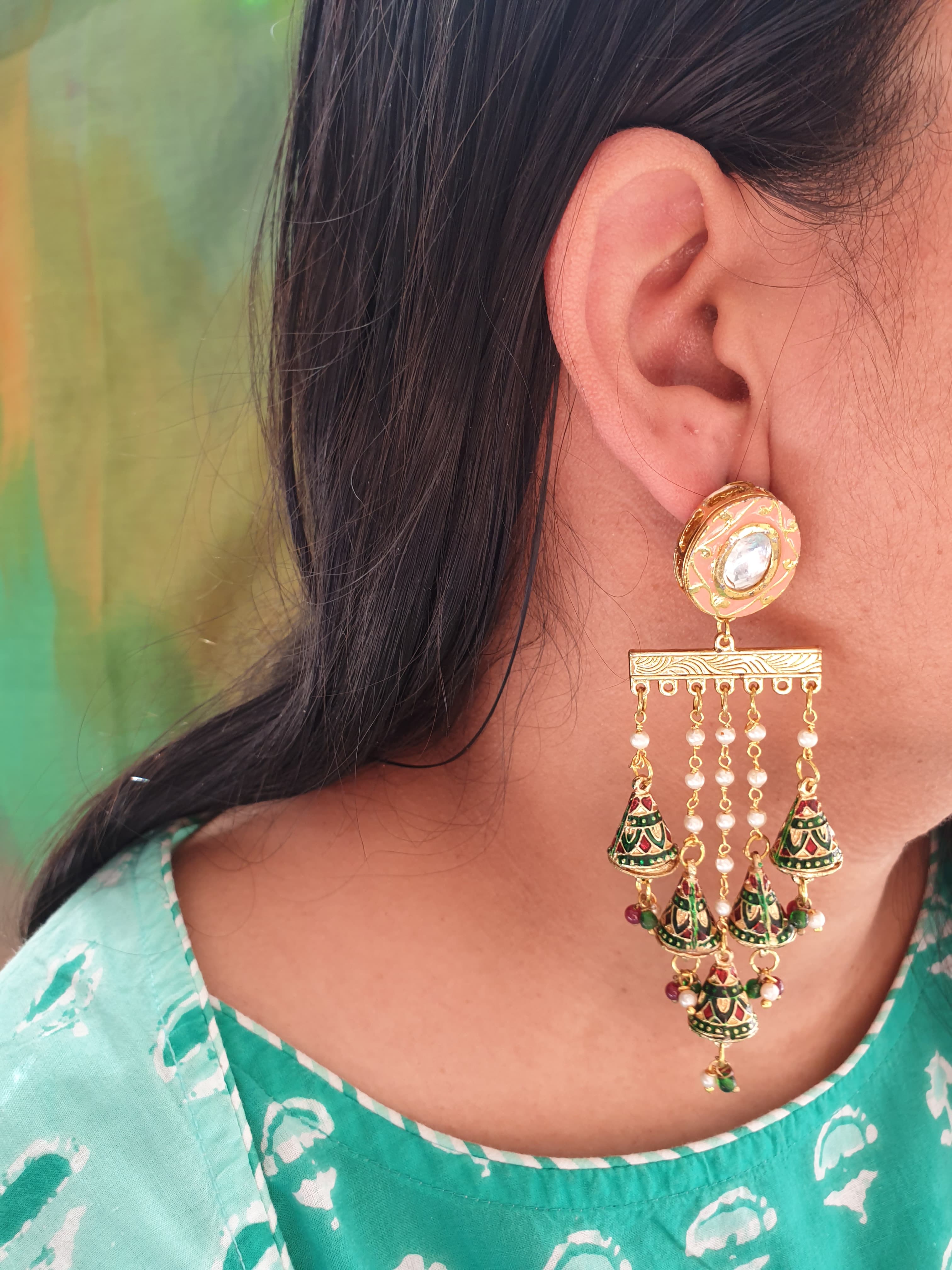 Multicolor Meenakari Long Pearl Earrings