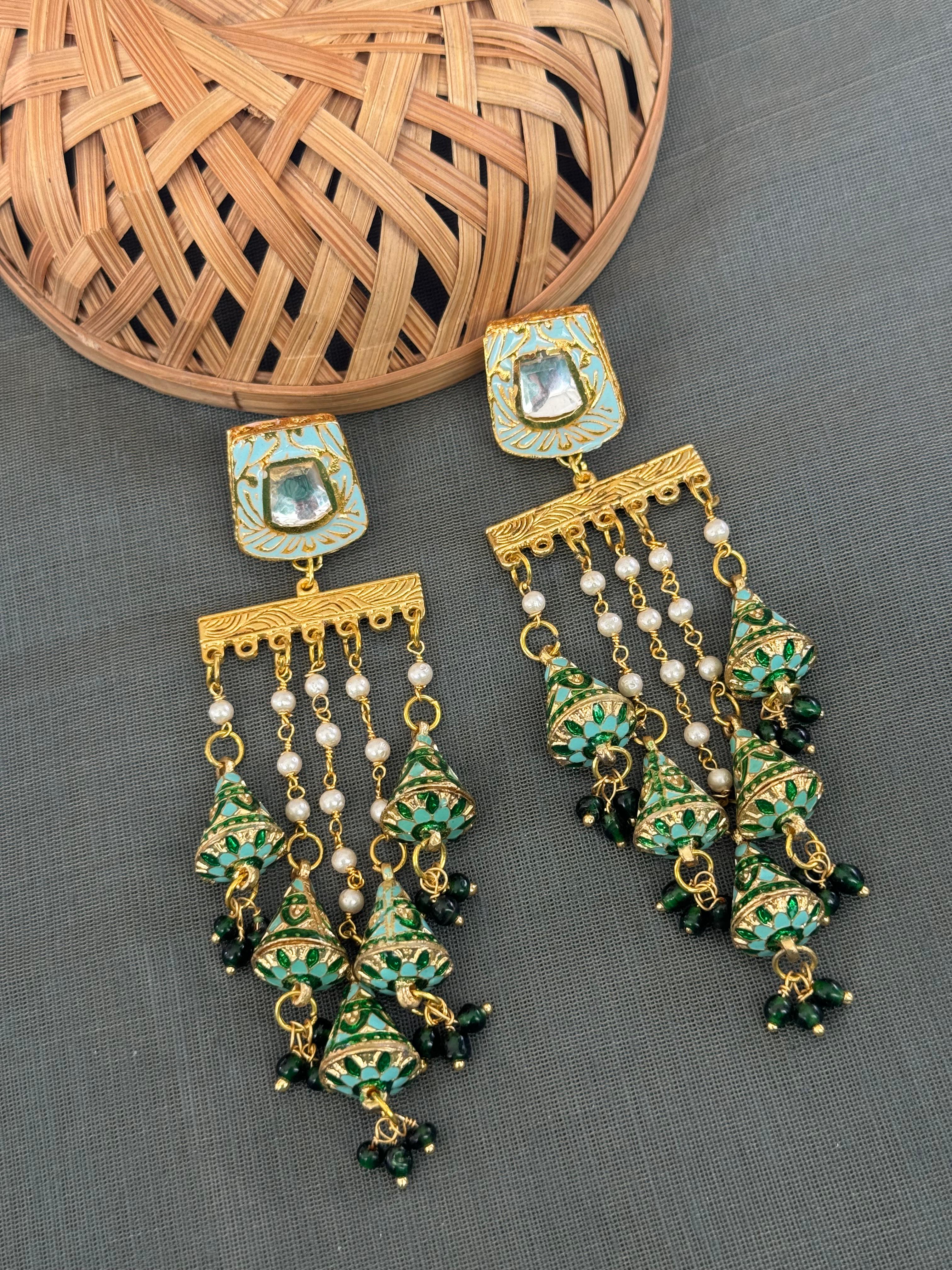 Turquoise Green Meenakari Long Pearl Earrings