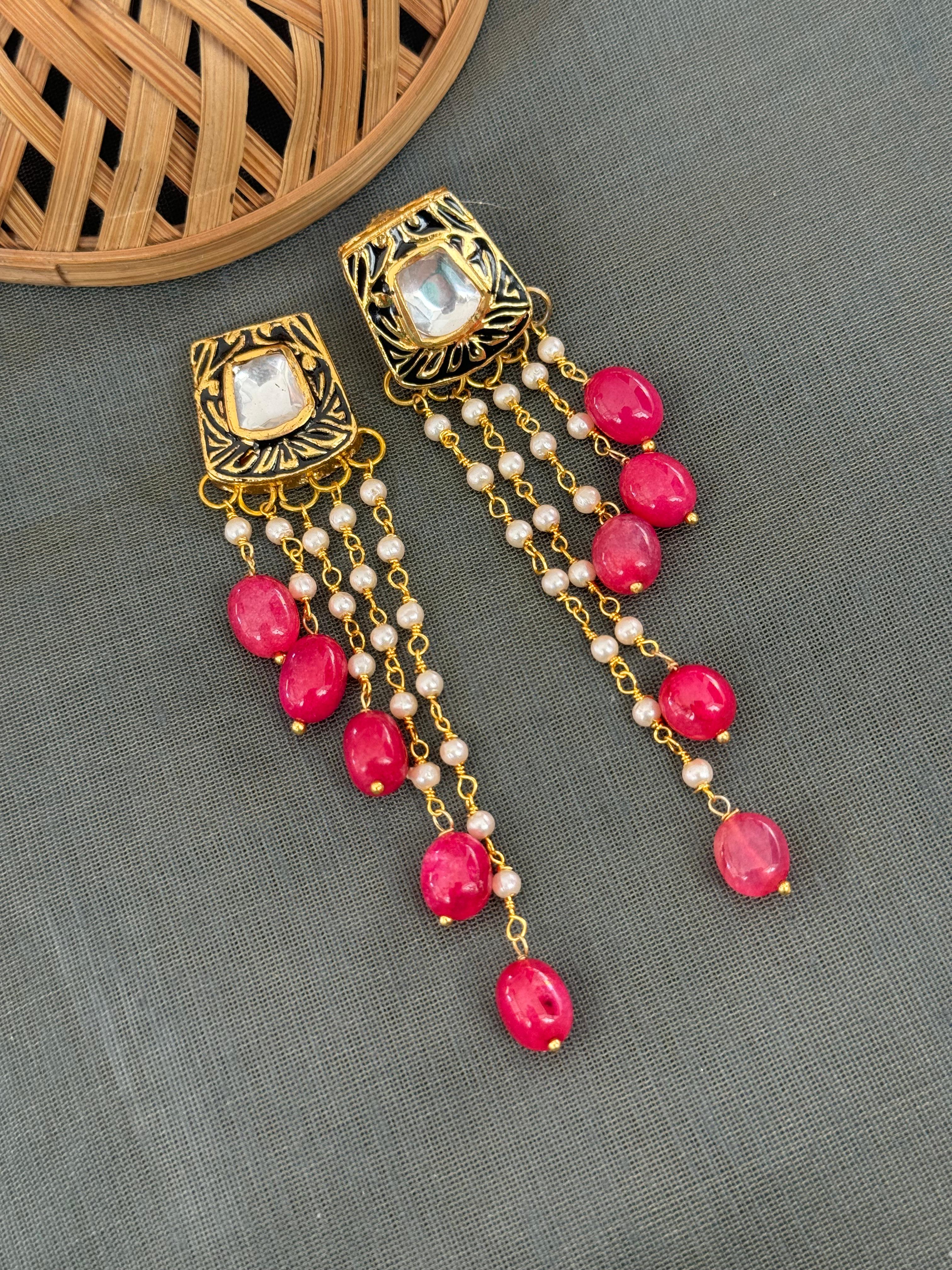 Red Stone Meenakari Long Earrings