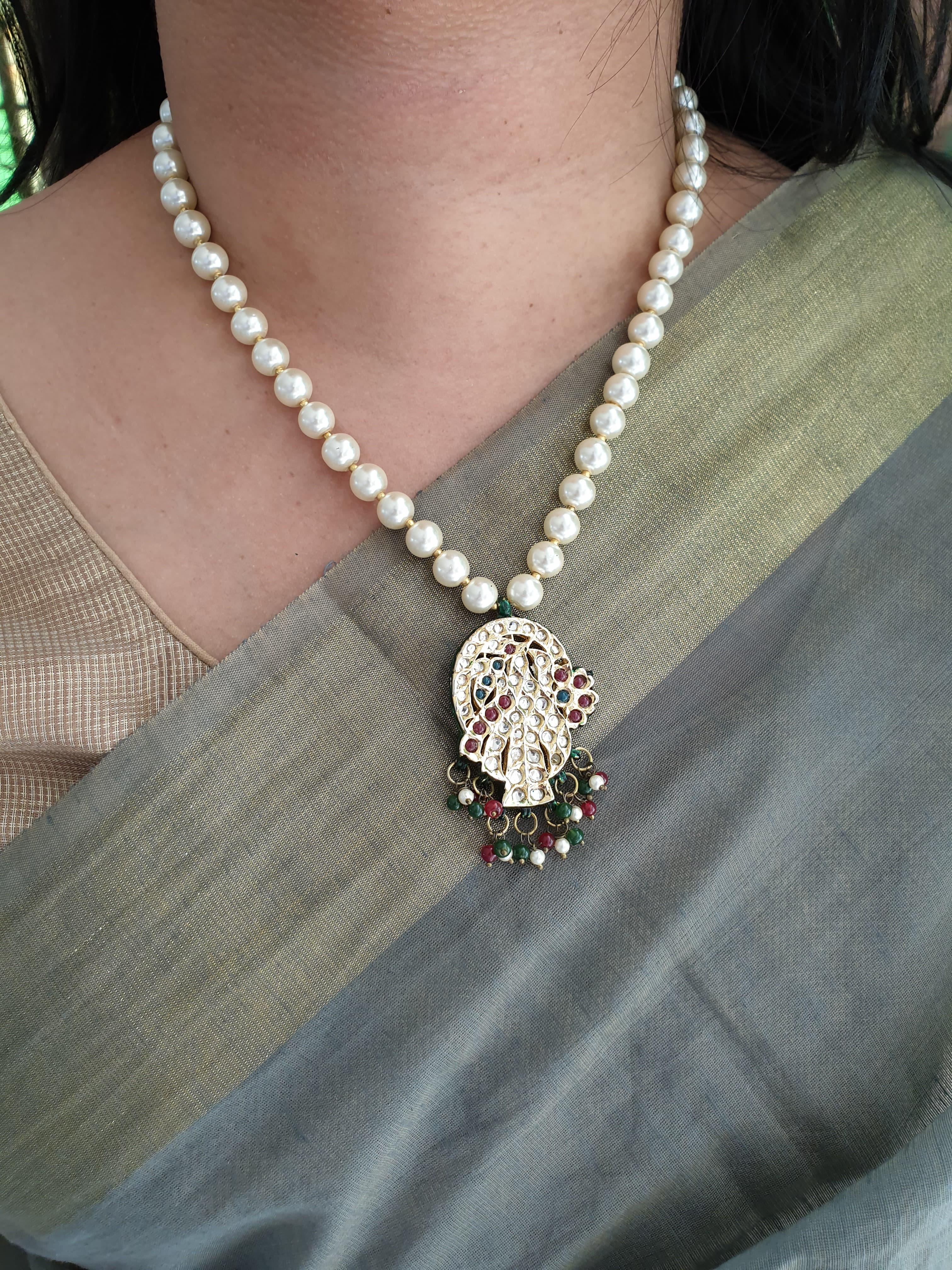 Pearl Beads Stone Jadau Pendant With Earrings