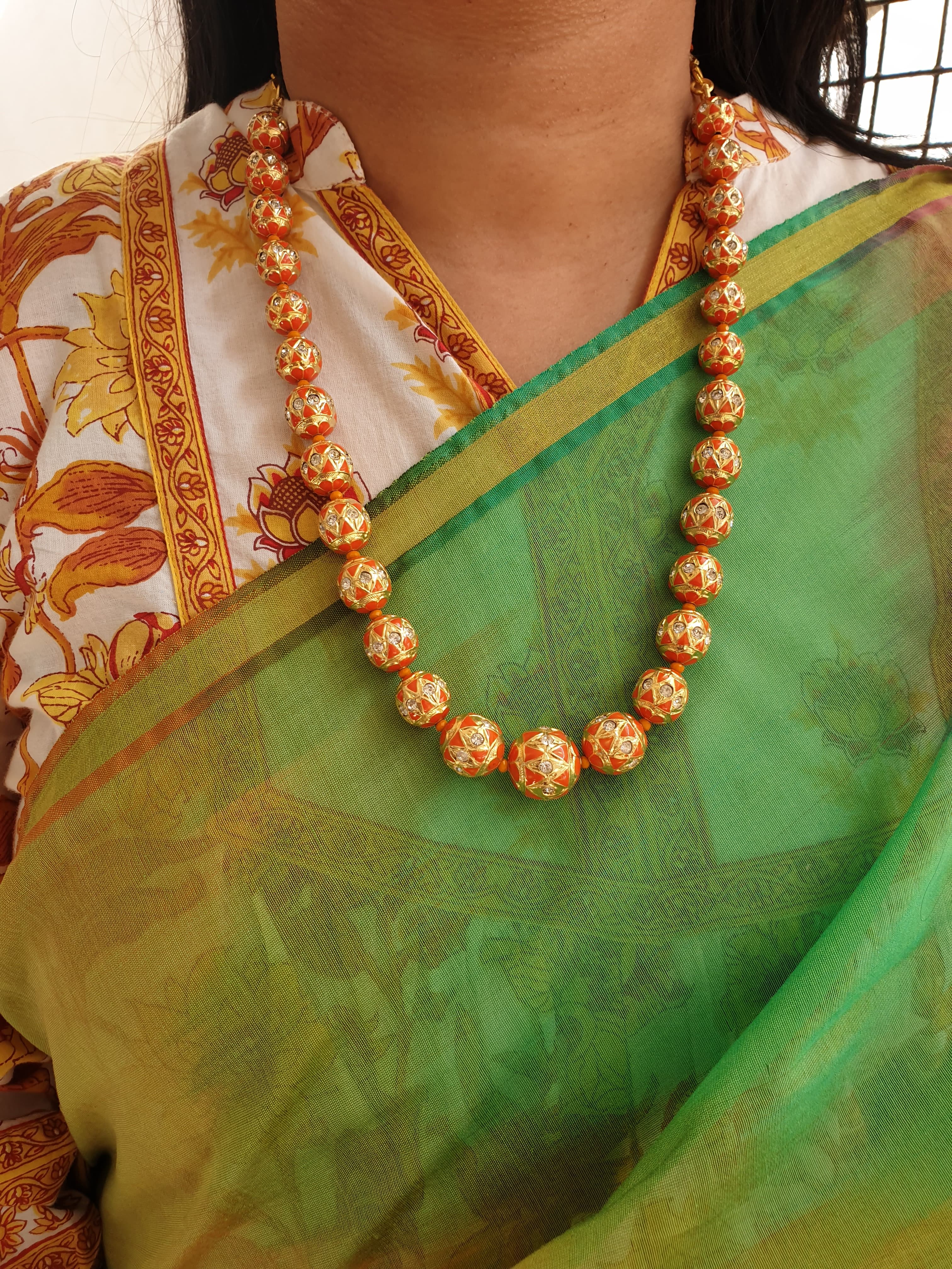 Orange Meenakari Beaded Necklace With Earrings