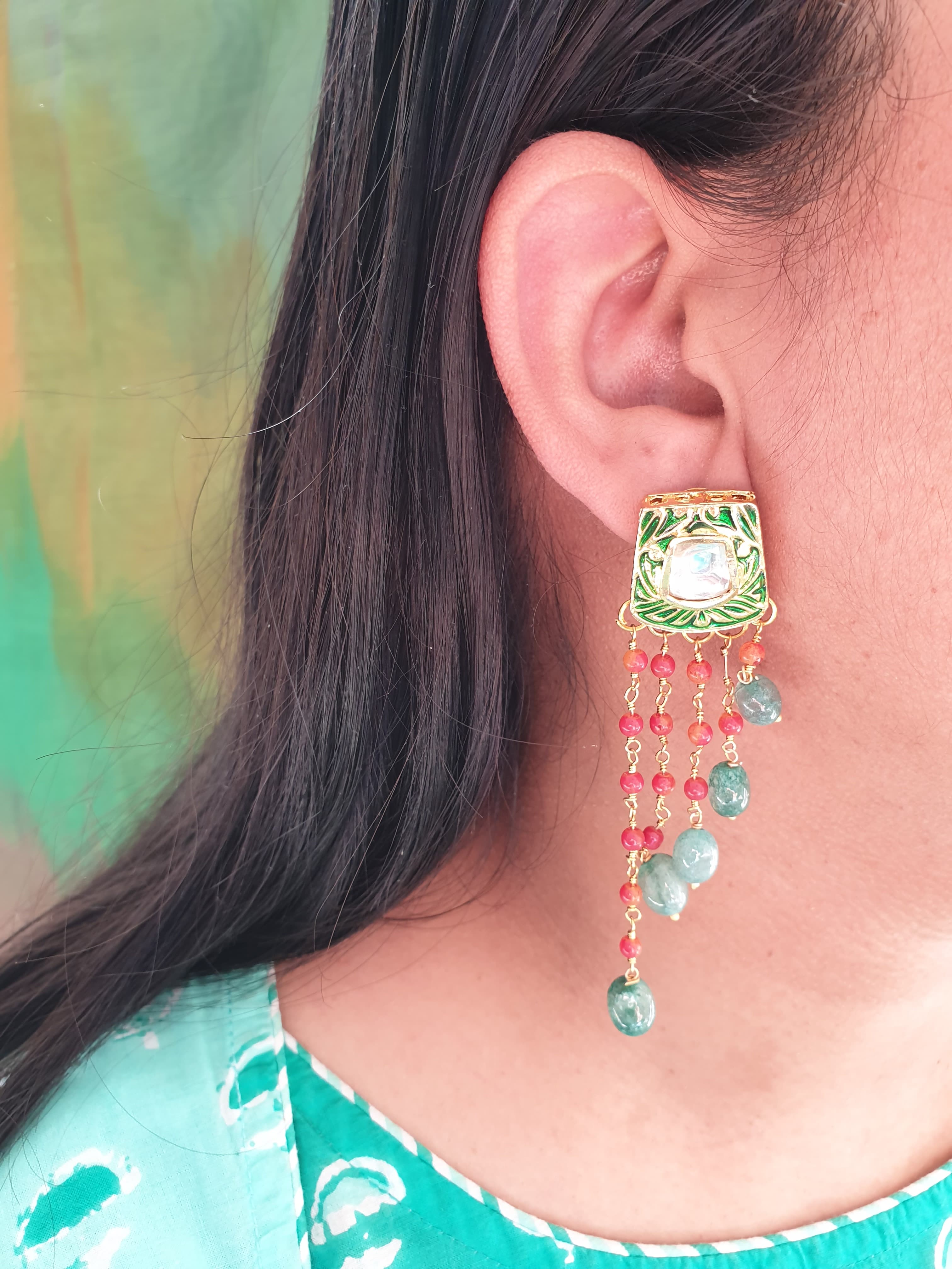 Green Stone Meenakari Long Earrings