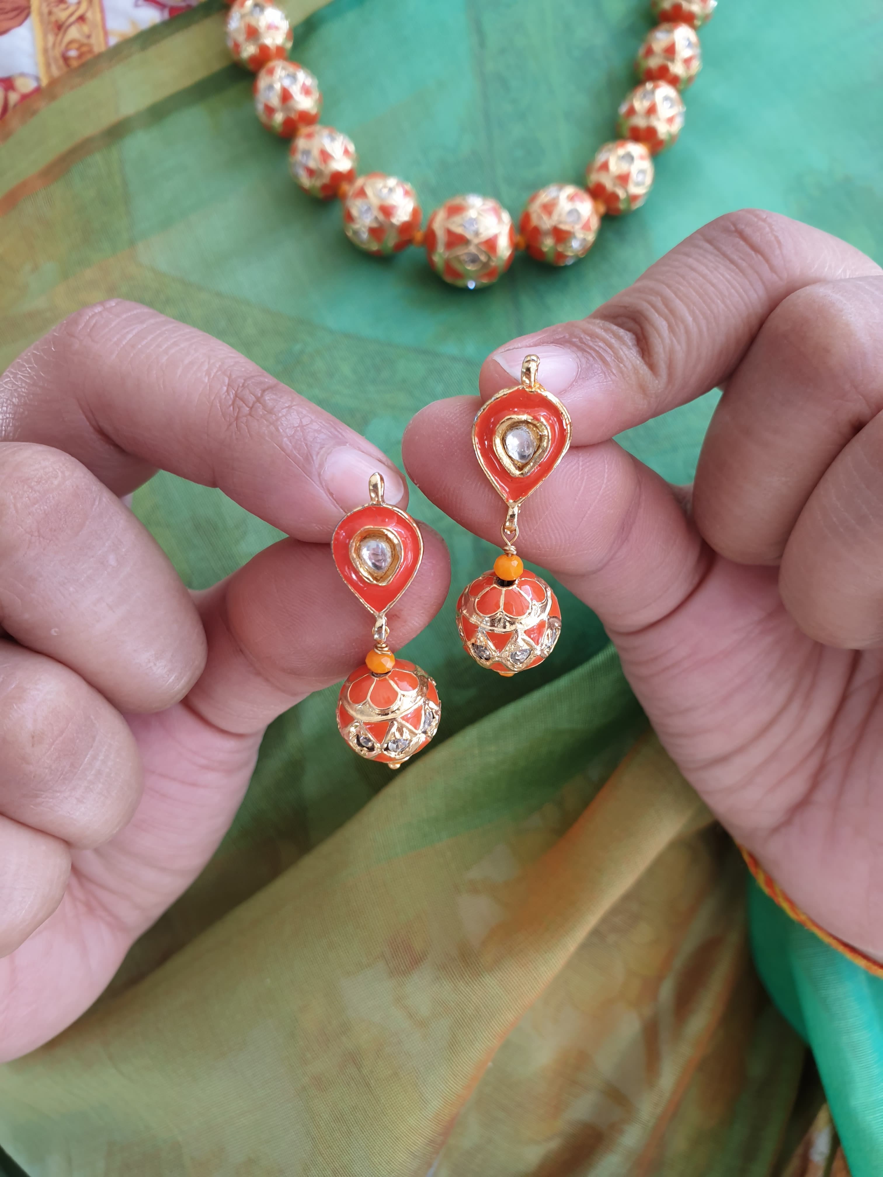 Orange Meenakari Beaded Necklace With Earrings