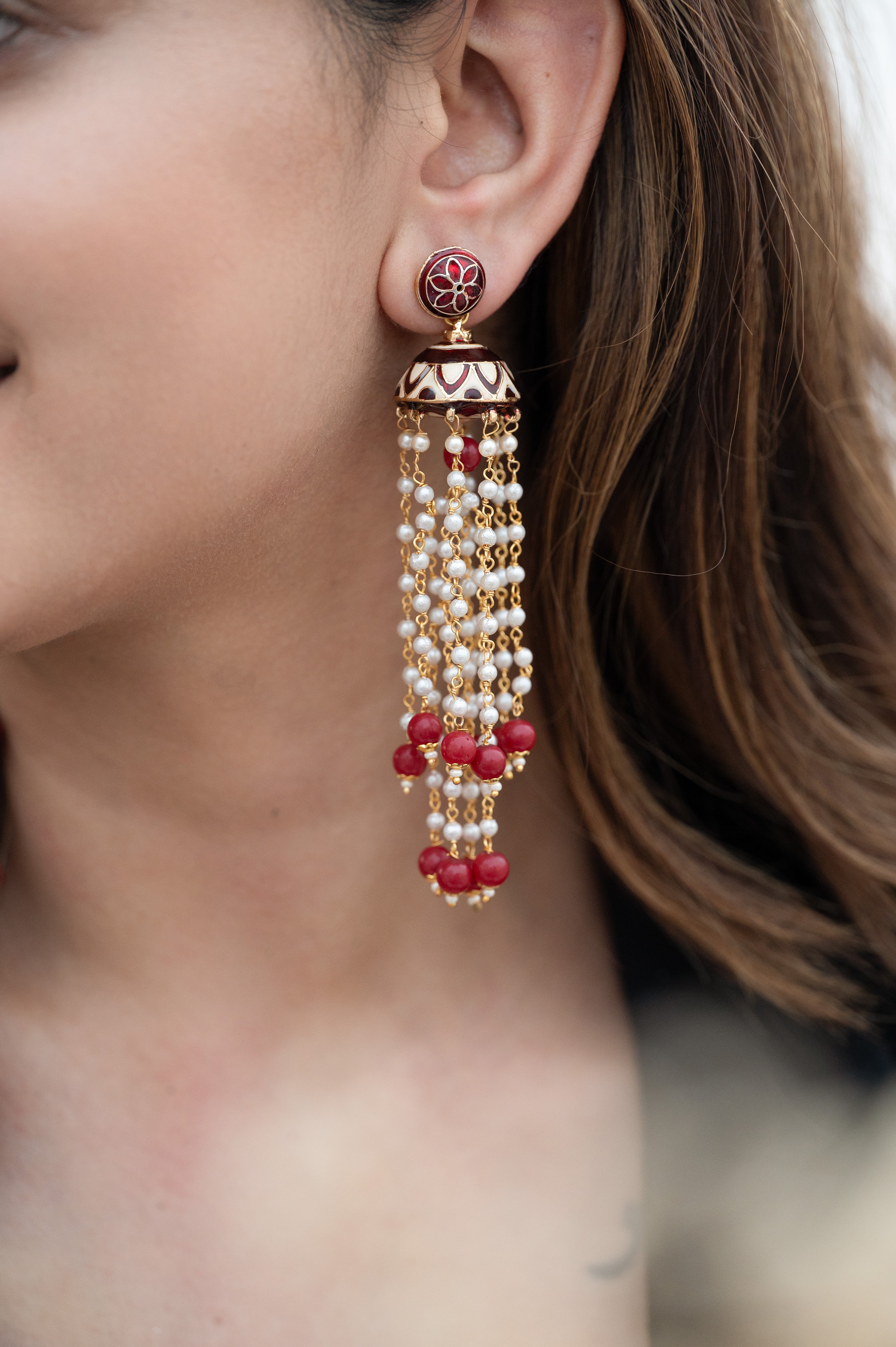 Red Meenakari Long Pearl Jhumki Earrings