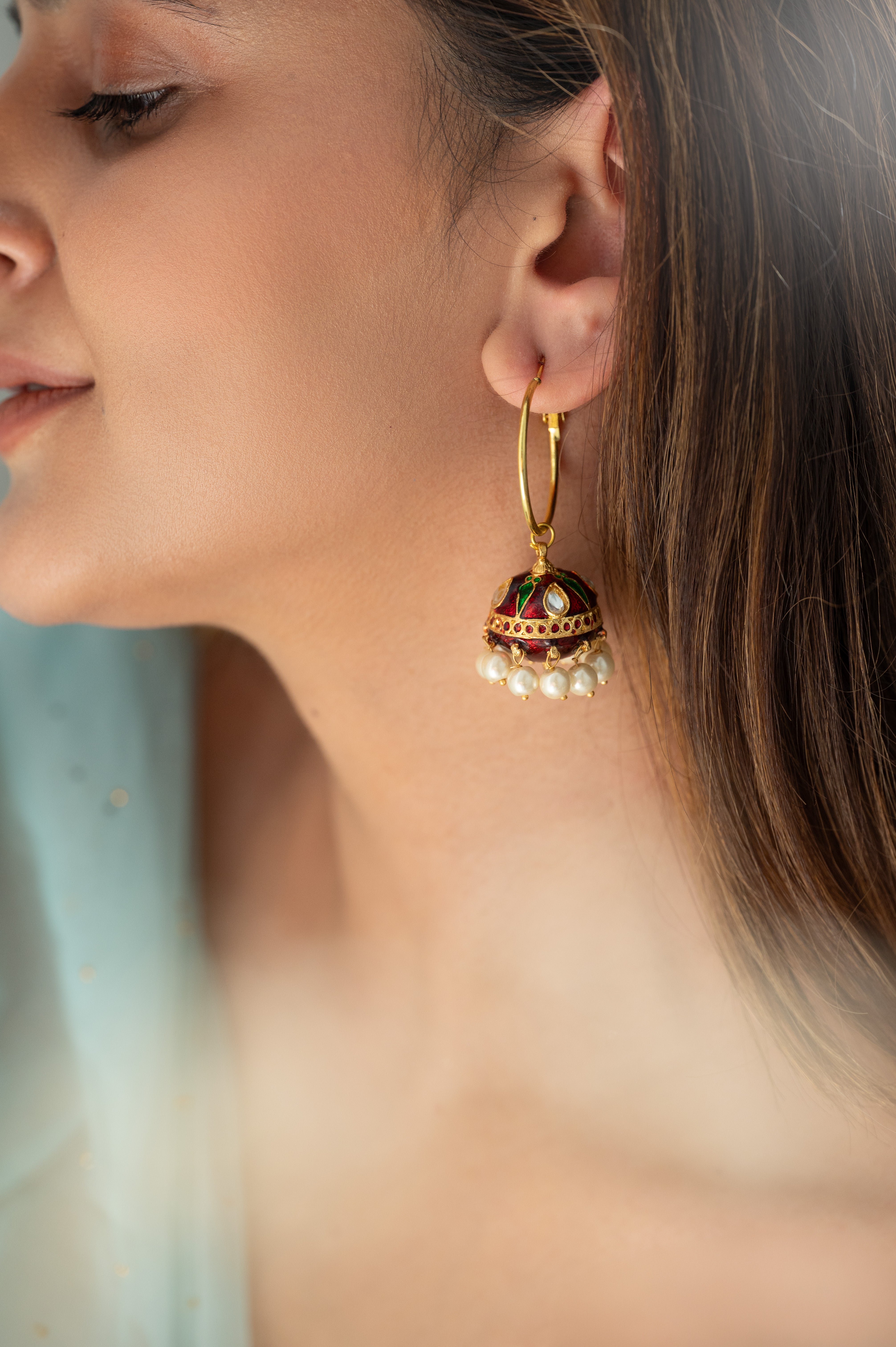 Maroon Kundan Meenakari Hoop Earrings