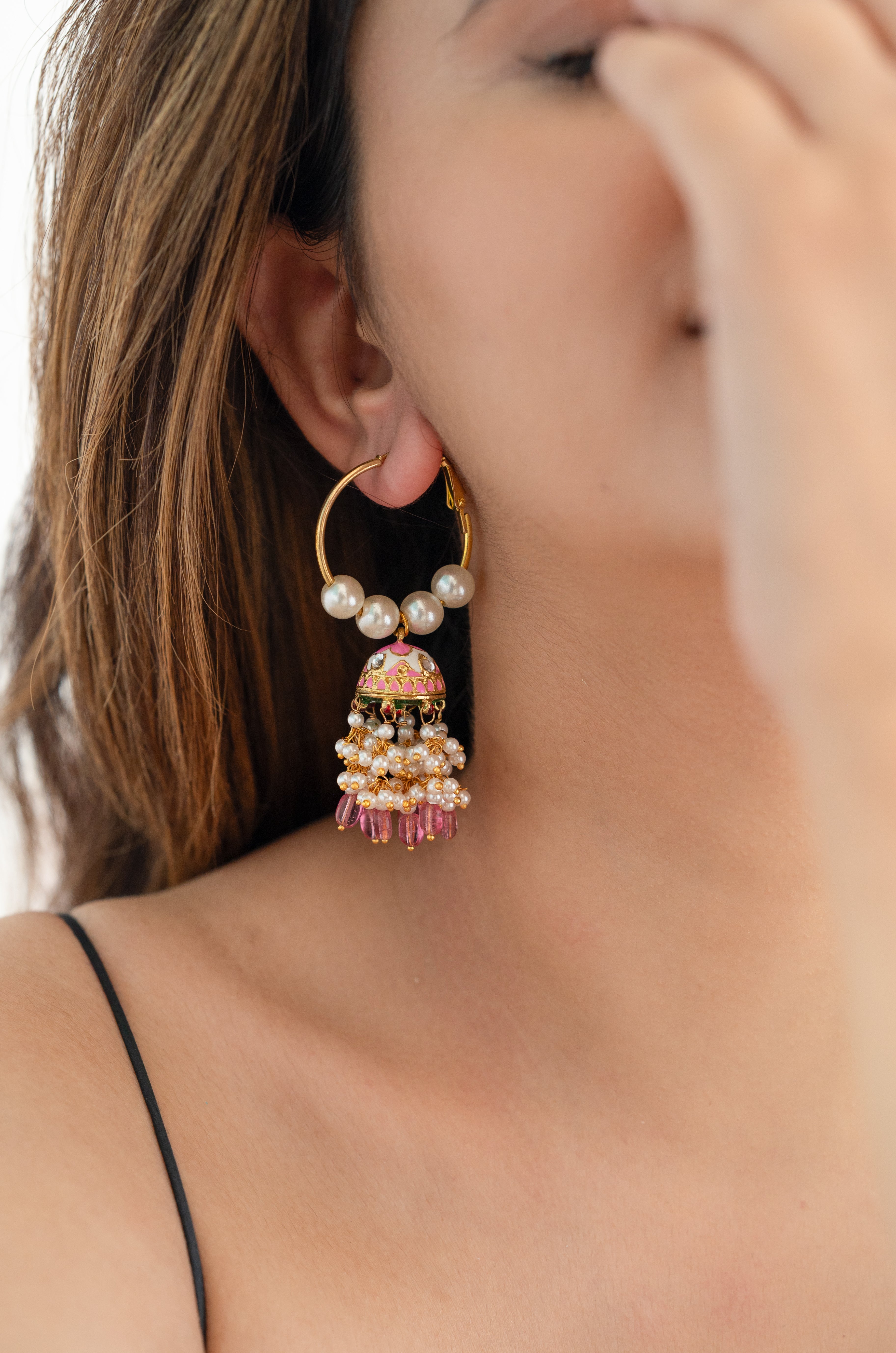 Pink Kundan Meenakari Hoop Pearl Earrings