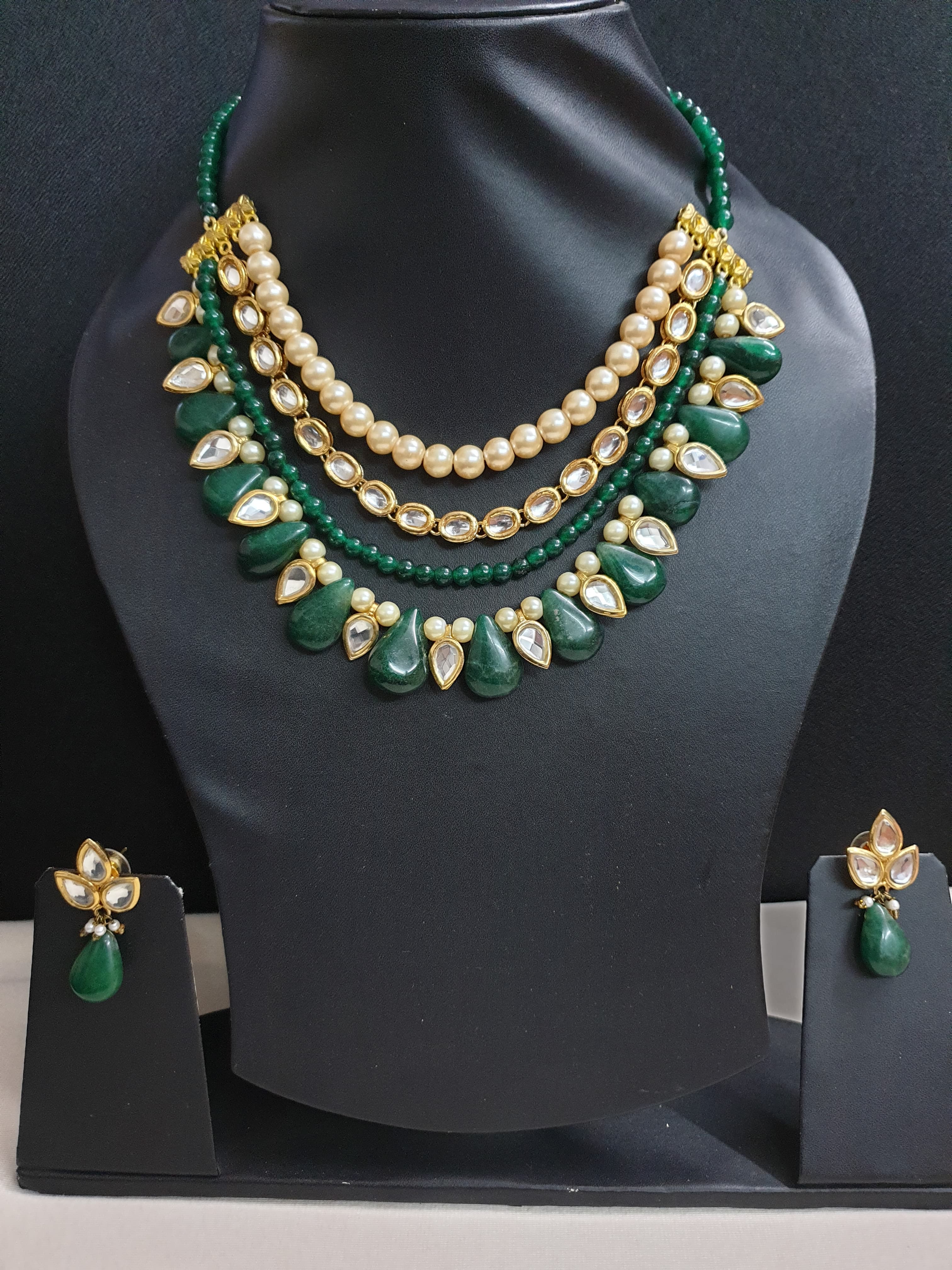 Emerald Green Kundan Pearl Necklace Set With Earrings