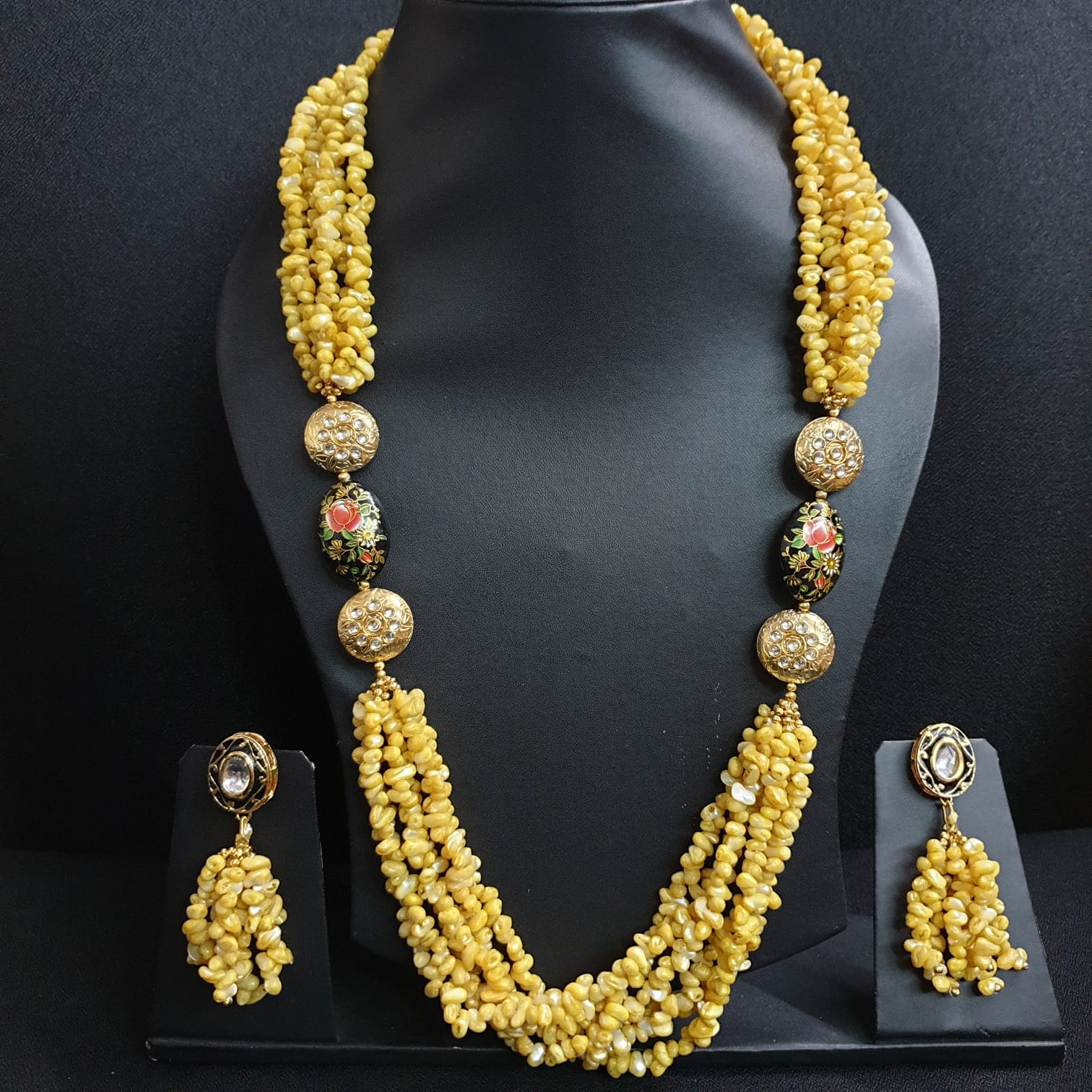 Yellow Uncut Beaded Necklace With Earrings