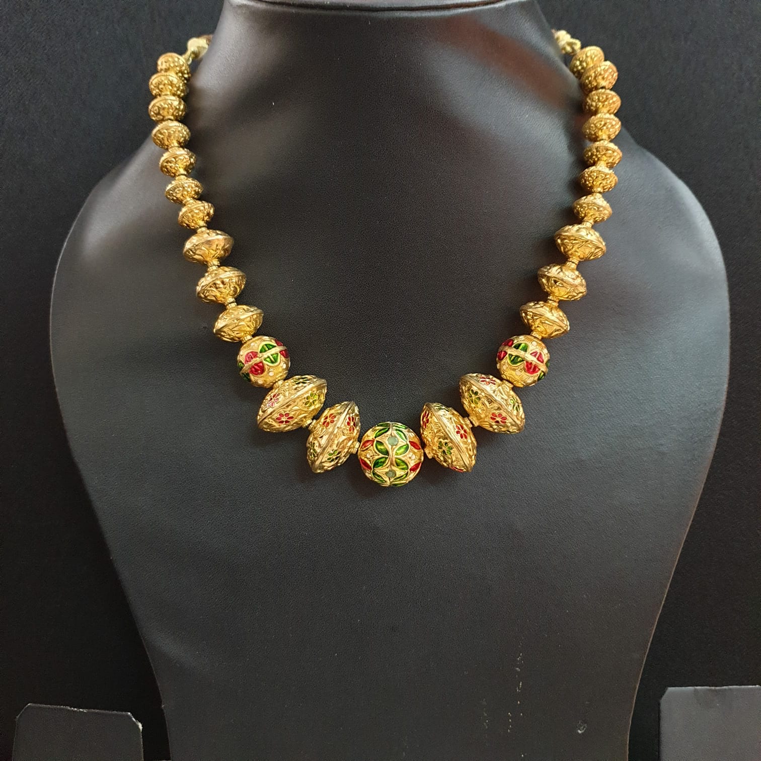 Gold Tone Handcarved Bead Necklace