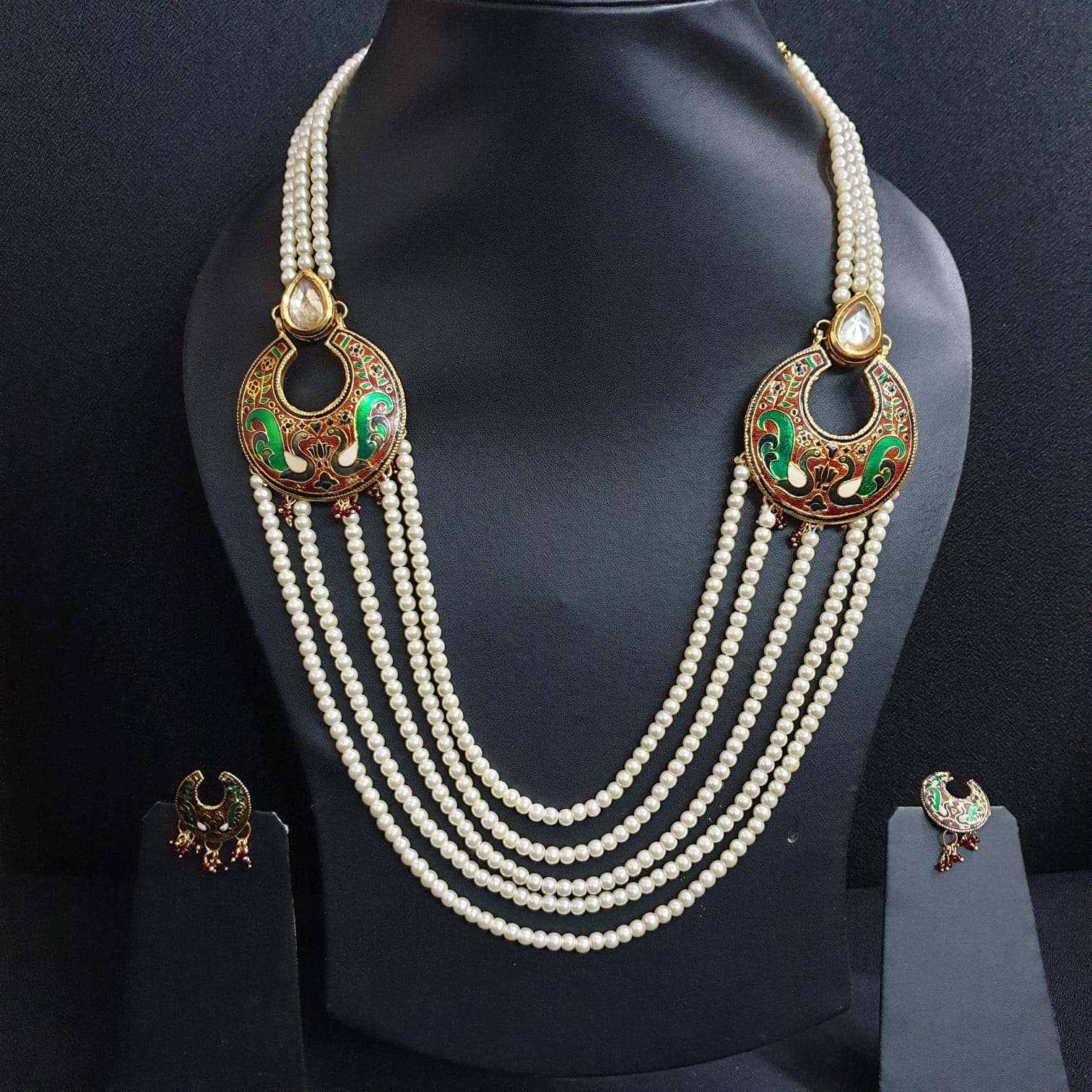 Pearl Beaded Meenakari Necklace With Earrings