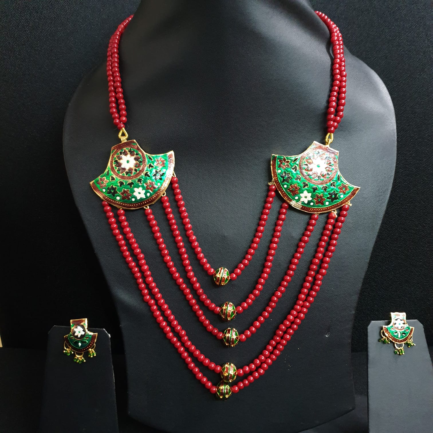 Red Beaded Meenakari Necklace With Earrings