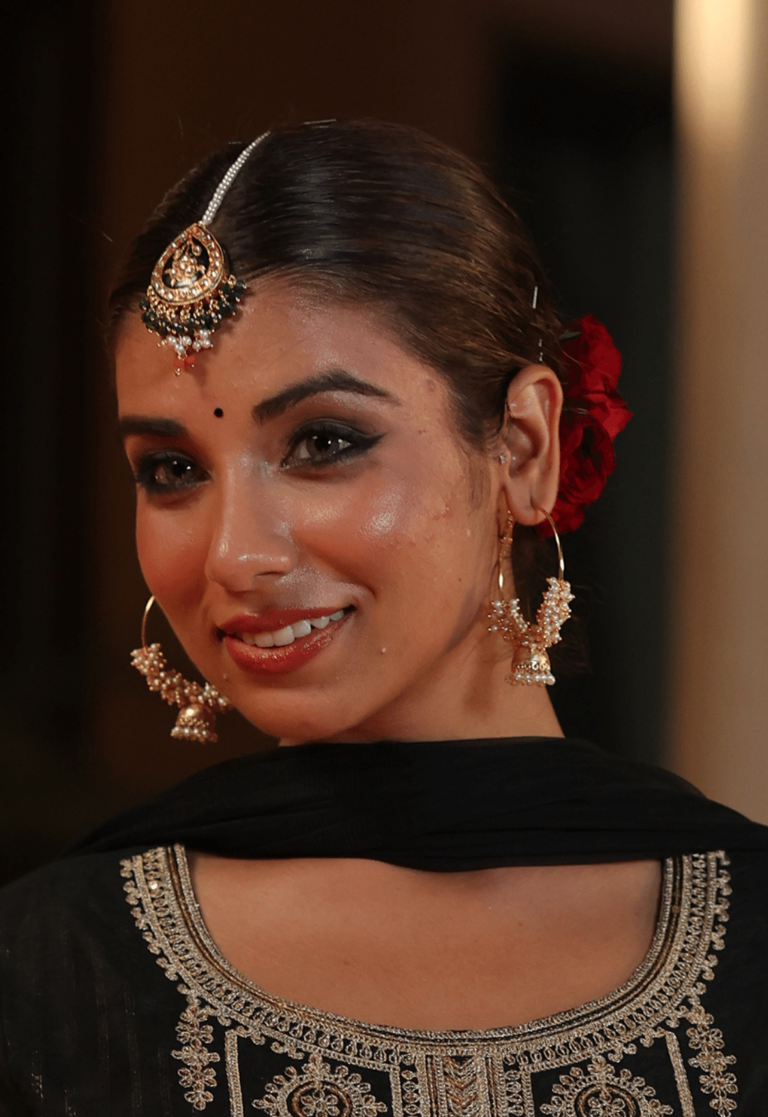 Combo Pearl beaded hoop jhumi earrings with kundan meenakari maang tikka
