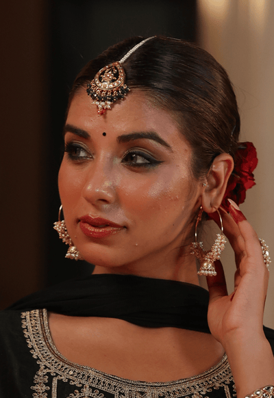 Combo Pearl beaded hoop jhumi earrings with kundan meenakari maang tikka