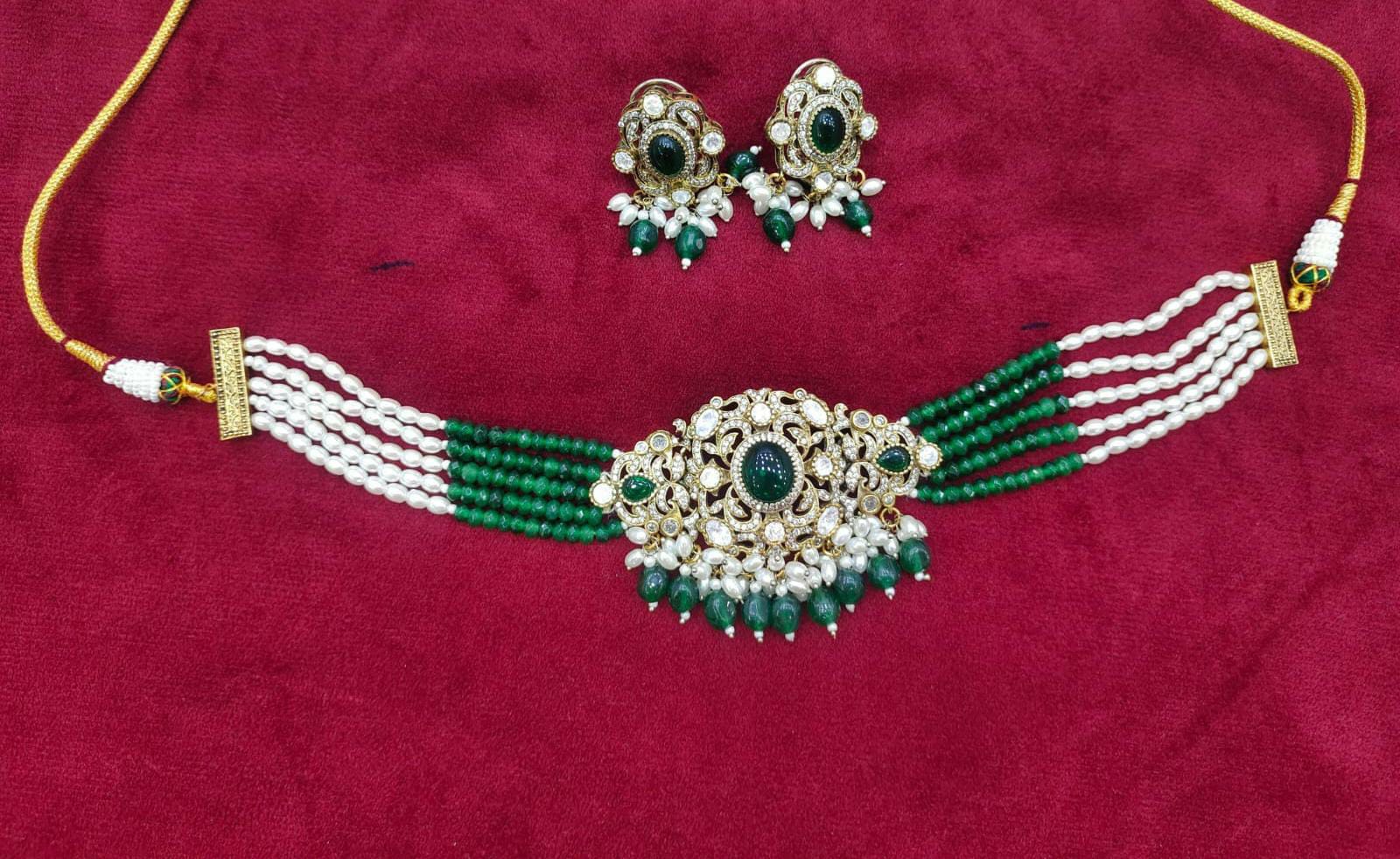 Green Stone Moissanite Kundan Pearl Choker Necklace