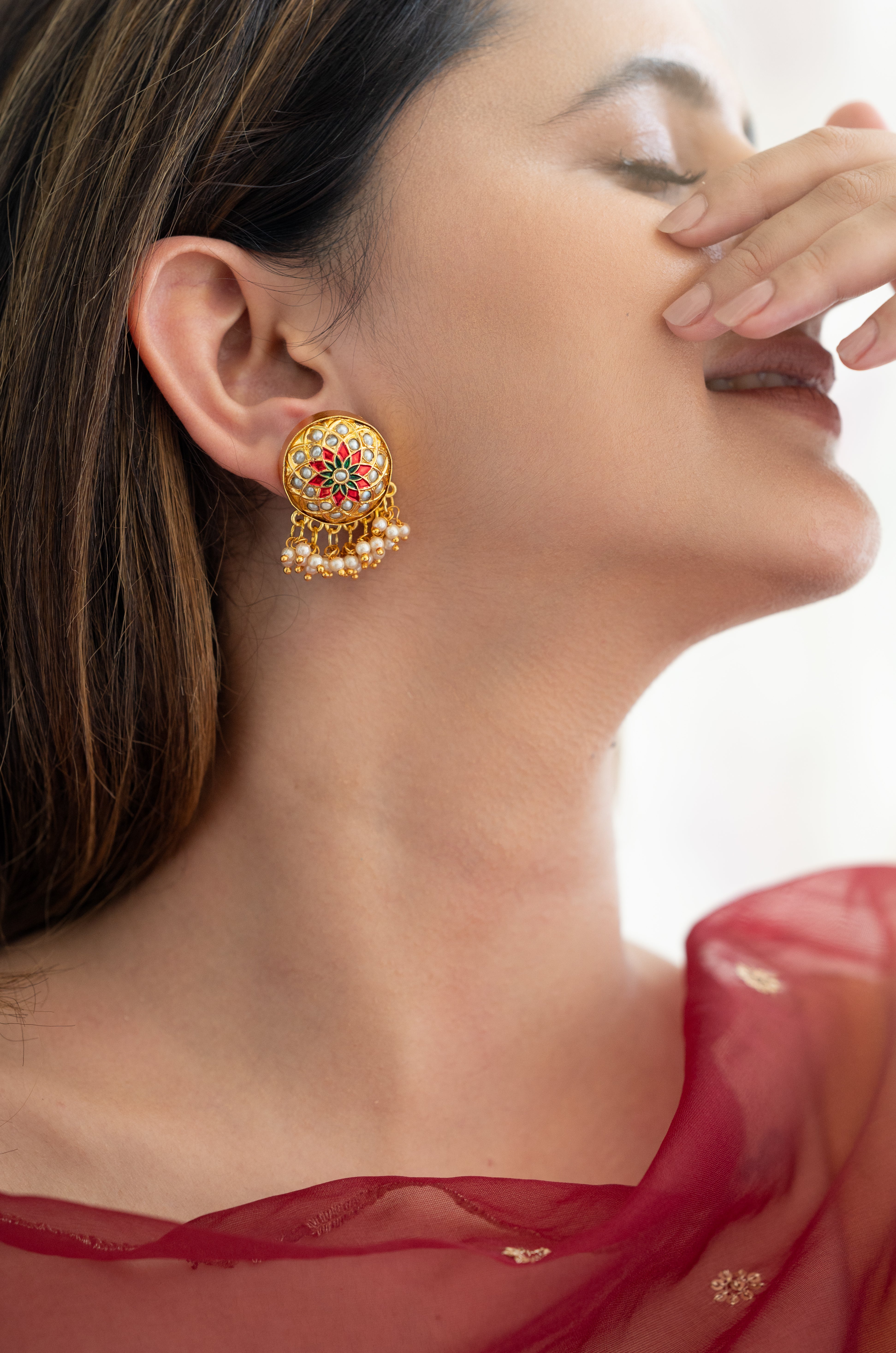 Gold Tone Pearl Jadau Stud Earrings